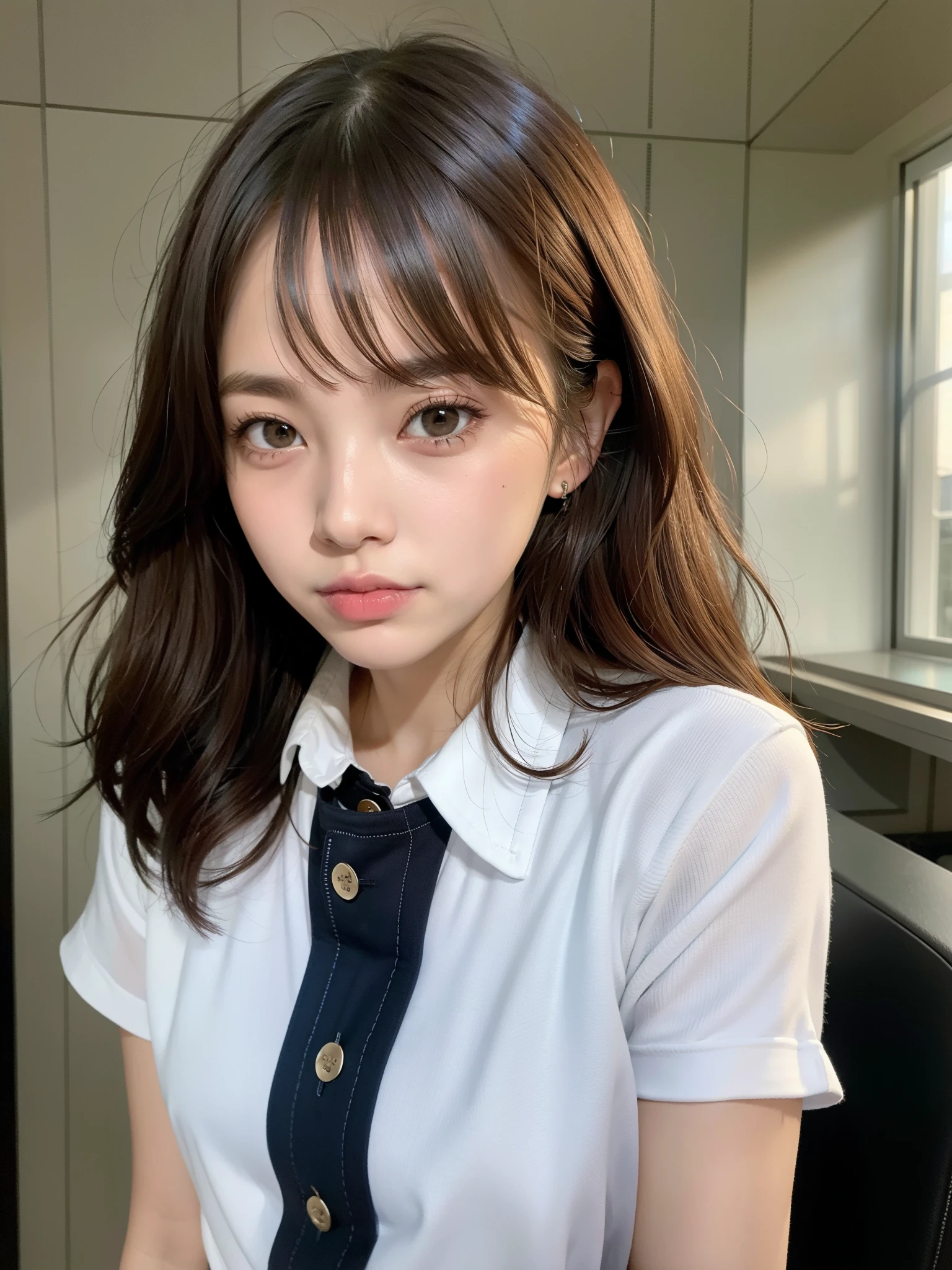 ((of the highest quality, 8K, masutepiece: 1.3, Raw photo)), Sharp Focus: 1.2, (1 AESPA Girl :1.1), Solo, (Realistic, Photorealistic: 1.37), (Face Focus: 1.1), Cute face, hyperdetailed face, (short messy hair:1.1), Small Smile, Small breasts, flat chest, black button down shirt, office room, blush, (Thigh: 1.2)