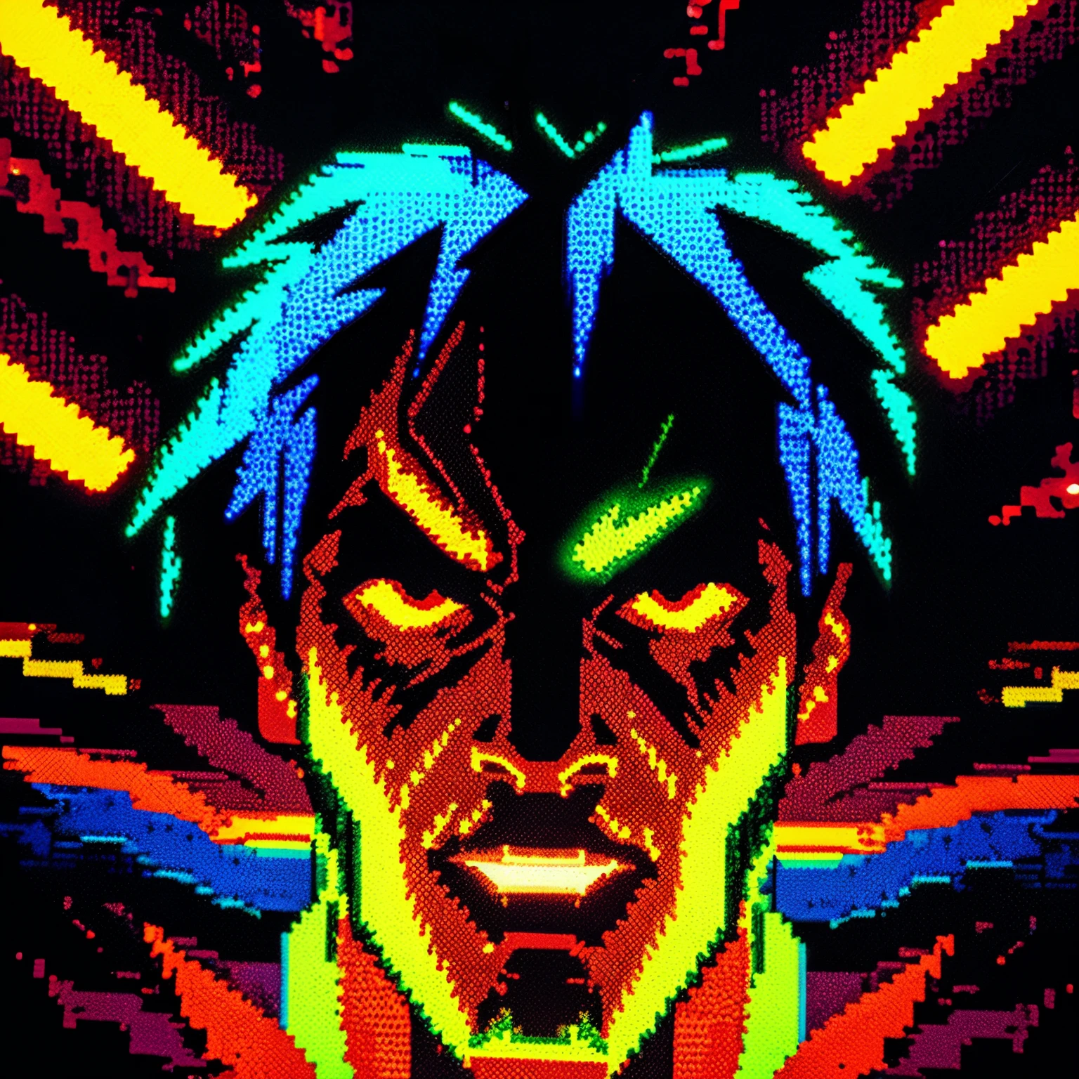 demon,8-bit,face,vibrant colors,retro,glitch,sharp focus,pixelated effect,dark shadow,details,expressive eyes,long fangs,ornate horns,intense stare,neon lights,gritty texture,menacing smile,bold lines,electrifying energy,colorful pixels