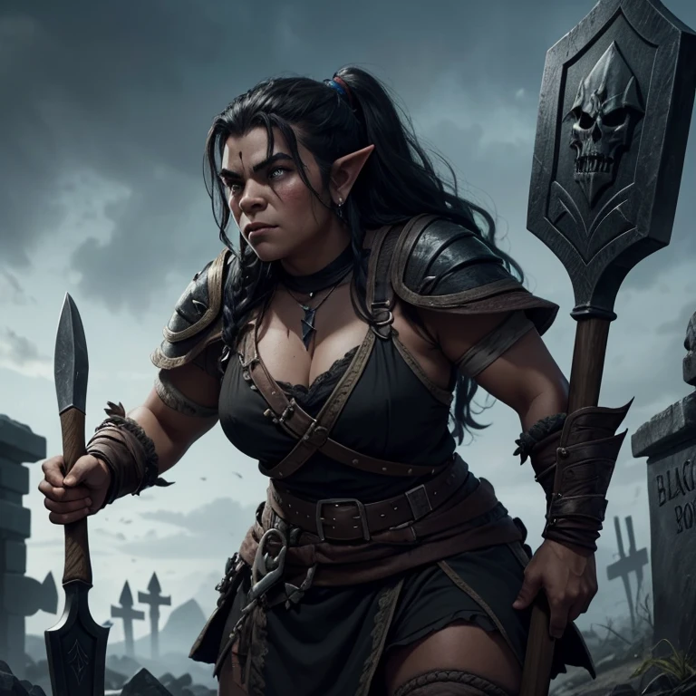 beautiful young half-orc dwarf with fair skin, grave cleric, carrying a shovel, uma enorme foice negra, and a black tombstone-shaped shield