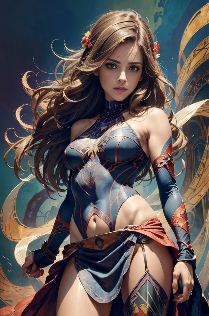 Lyndsy Fonseca、Sticking out the navel、newyork、She wears a torn Spider-Man suit,wearing skirt、abstract photorealistic、artistic、Alphonse Mucha's painting(masterpiece、top-quality、hight resolution:1.4)、detaileds、intricate-detail、4K、color splashes、line-drawing、Fibonacci、