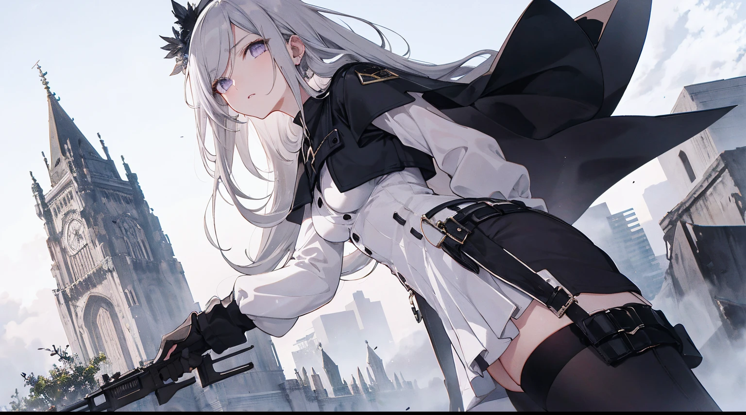 ((tmasterpiece:1.4, Best quality))+, (hyper-detailing)+, (Delicate purple eyes:1.5)+, (Detailed ears:1.5), (cute girls), (The shirt,White stockings long skirt:1.5), Tight white silk, Long hair details, long braid,no headwear,(Black flowers:1.2), pale-skinned, (Yellow cloth:1.5), (Black Martin boots:1.4), old castle,Surrounded by huge black trees, The whole city shrouded in thick fog,Mechanicalweapon, Slim pants ,Huge ruins,Giant black crystals are scattered throughout the city,Looking up at tall buildings from the street,Flying dust,(hunters:1.1), (dawn light:1.2), ), (closeup cleavage:1.1), the only person, bell, bright gray hair, hair covering one eye, V-shaped eyebrows, Gloom (have expressed), from back, from below, Best quality, A high resolution, high detal, high high quality, 16k