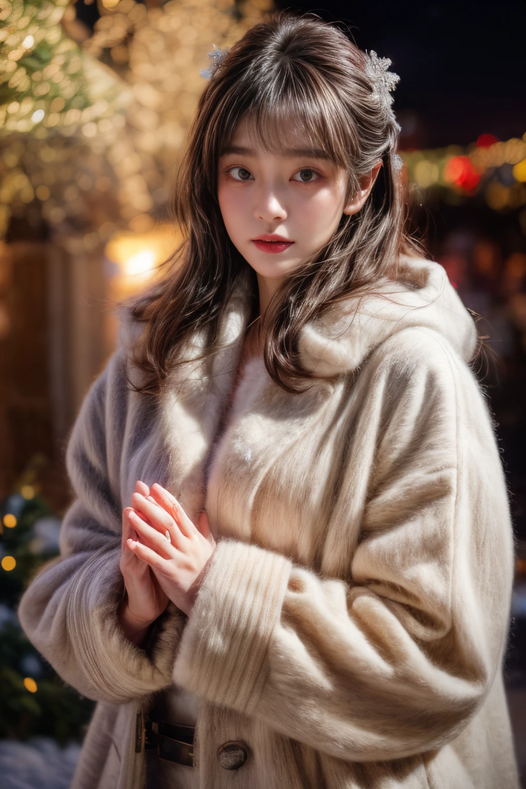 masterpiece、8K、32K、top-quality、(A detailed eye)、(A cute Japanese woman、bangss)、23years old、1 girl in、elegent、(Detailed background depiction、portlate:1.2)、(own hands together:1.5)、(illuminations、Christmas:1.4)、(wool coat:1.2)、(yuki、Exhaled breath is white:1.4)、freeze、ssmile、(blushing)
