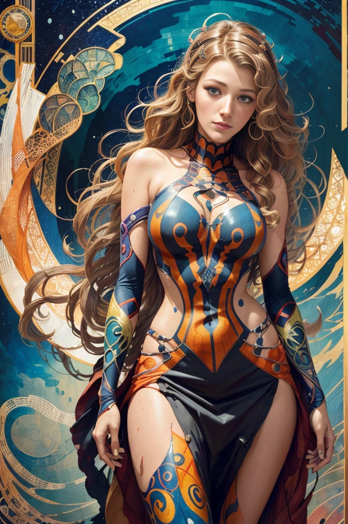 Blake Lively、Sticking out the navel、newyork、She wears a torn Spider-Man suit,wearing skirt、abstract photorealistic、artistic、Alphonse Mucha's painting(masterpiece、top-quality、hight resolution:1.4)、detaileds、intricate-detail、4K、color splashes、line-drawing、Fibonacci、