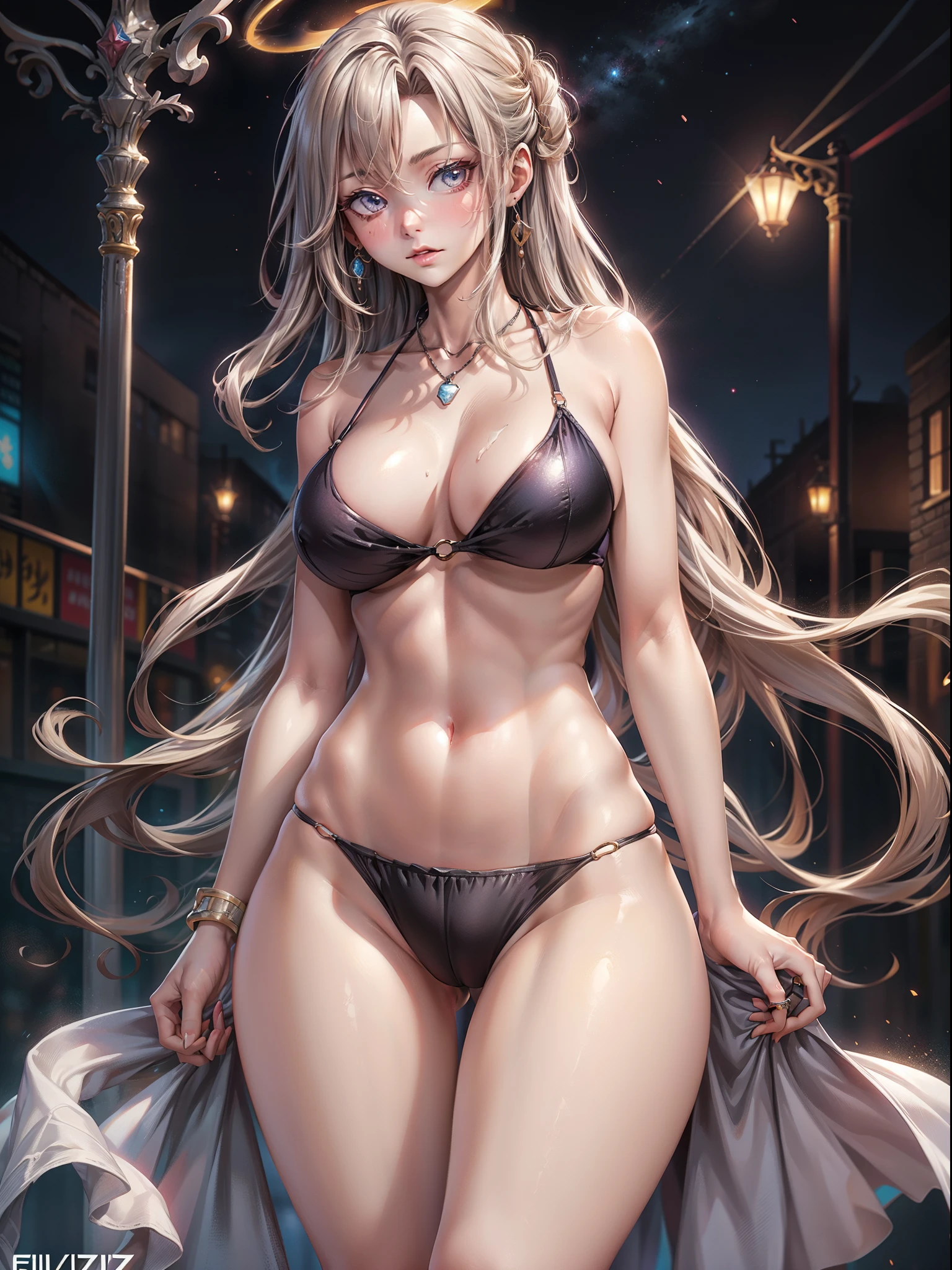 (8K, super-fine, super-fine, High quality, Special effect, The best masterpieces, realistic effects, Vivid, natural moving), two sexy and attractive girls,  girl, A teenage girding on the streets of Winterwood City, long milky hair,, Sexy, sexy tight black mini bikini, cleanness, divine, Necklace, earrings, Halo, Ring, (elastic muscles, Beautiful hair) Huge breasts, Lifted, Clear, wide hips, Big hips, white, Moisturized skin, Beautiful eyes), No Underwear, Destiny, Elias Phil (Ainz Belen)