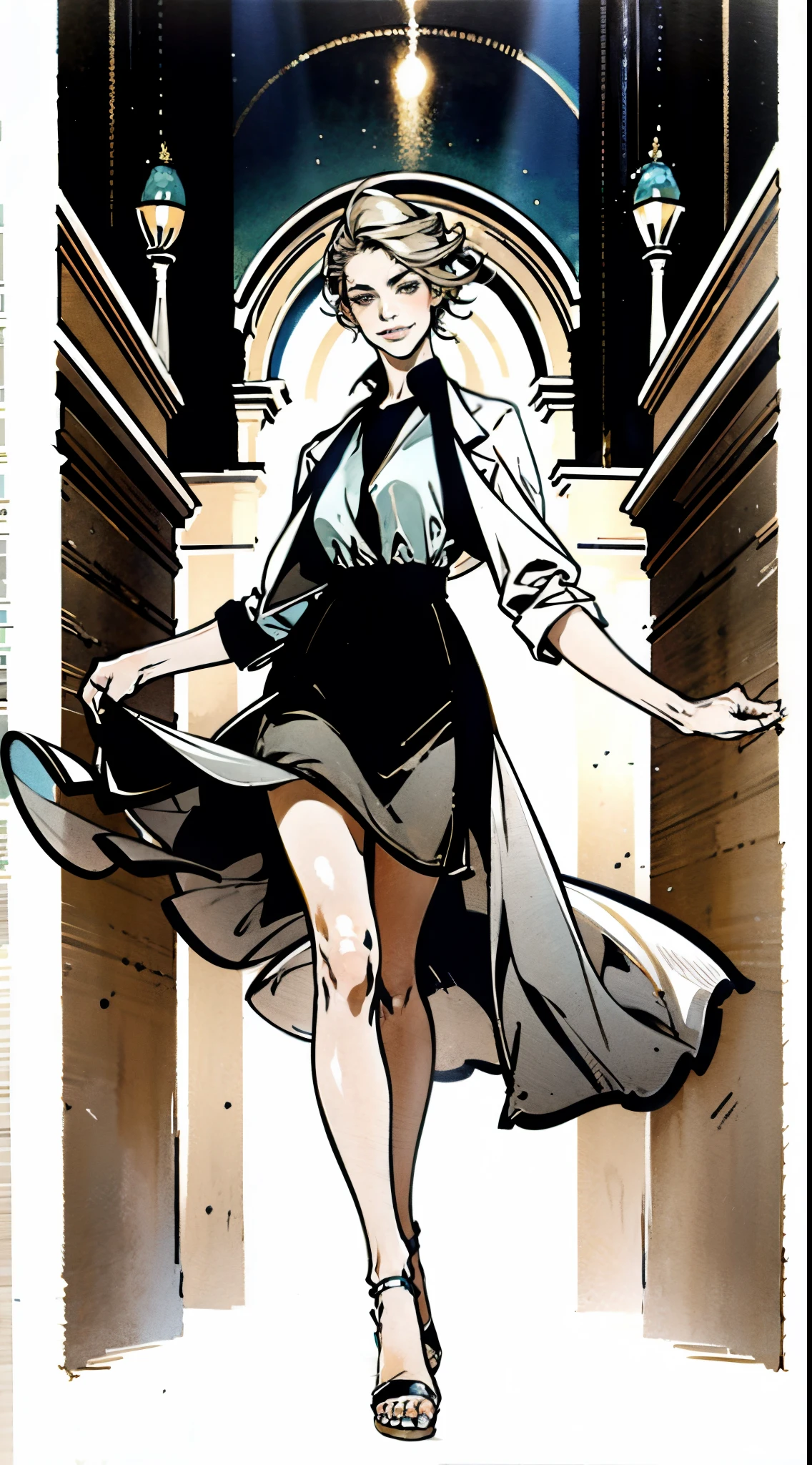 A girl with short gray hair, bright eyes, a cheerful smile, a joyful expression, a slender figure, a two-piece fantasy-realistic style jacket, short skirt that matching the outfit, barefoot, she happily leaps in front of a fantasy-style ancient ritual building, bright and soft color, this character embodies a finely crafted fantasy-realistic style girl in anime style, exquisite and mature manga art style, high definition, best quality, highres, ultra-detailed, ultra-fine painting, extremely delicate, professional, anatomically correct, symmetrical face, extremely detailed eyes and face, high quality eyes, creativity, RAW photo, UHD, 8k, Natural light, cinematic lighting, masterpiece-anatomy-perfect, masterpiece:1.5