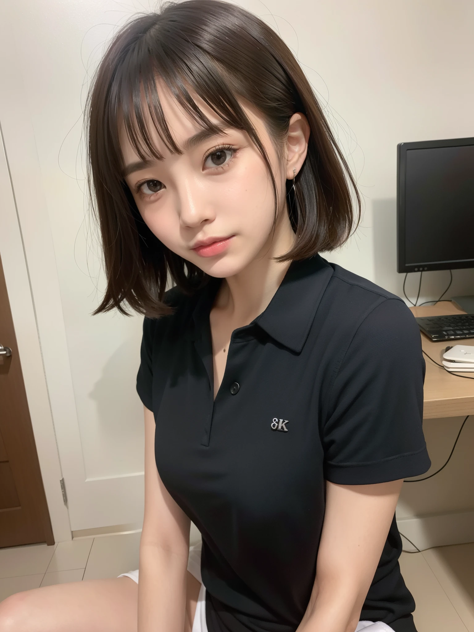 ((of the highest quality, 8K, masutepiece: 1.3, Raw photo)), Sharp Focus: 1.2, (1 AESPA Girl :1.1), Solo, (Realistic, Photorealistic: 1.37), (Face Focus: 1.1), Cute face, hyperdetailed face, (short messy hair:1.1), Small Smile, Small breasts, flat chest, black chiffon shirt, office room, blush, (Thigh: 1.2), nude