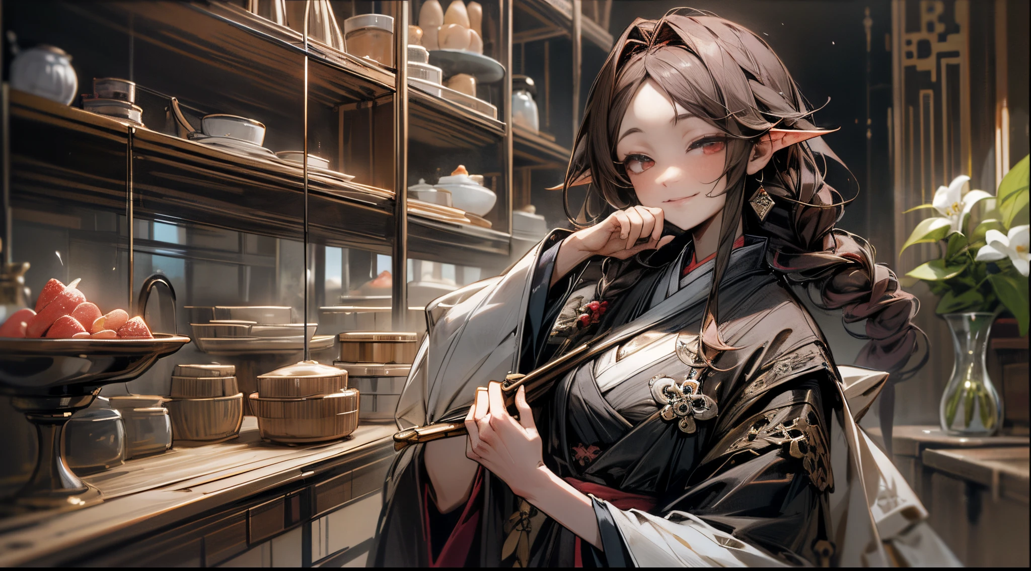 ((tmasterpiece:1.4, Best quality at best))+, (hyper-detailing)+, (red eyes:1.5),(Meticulous ears:1.5), (cute girls), (Conservative Hanfu:1.5), Long hair details, Long braids on both sides, (wariza:1.2), pale-skinned, (black cloth:1.5), (black long pants:1.4), wine jugs, fresh flowers, lute, steamboat,manjuu,those fruits,Chinese ancient city, ports, (store manager:1.1), (dawn light:1.2), ), (closeup cleavage:1.1), (elevation:1.3), forehead jewel, Colored inner hair, Striped hair, Sad smile, breath through,gem branch, Brown hair, first person perspective,the only person