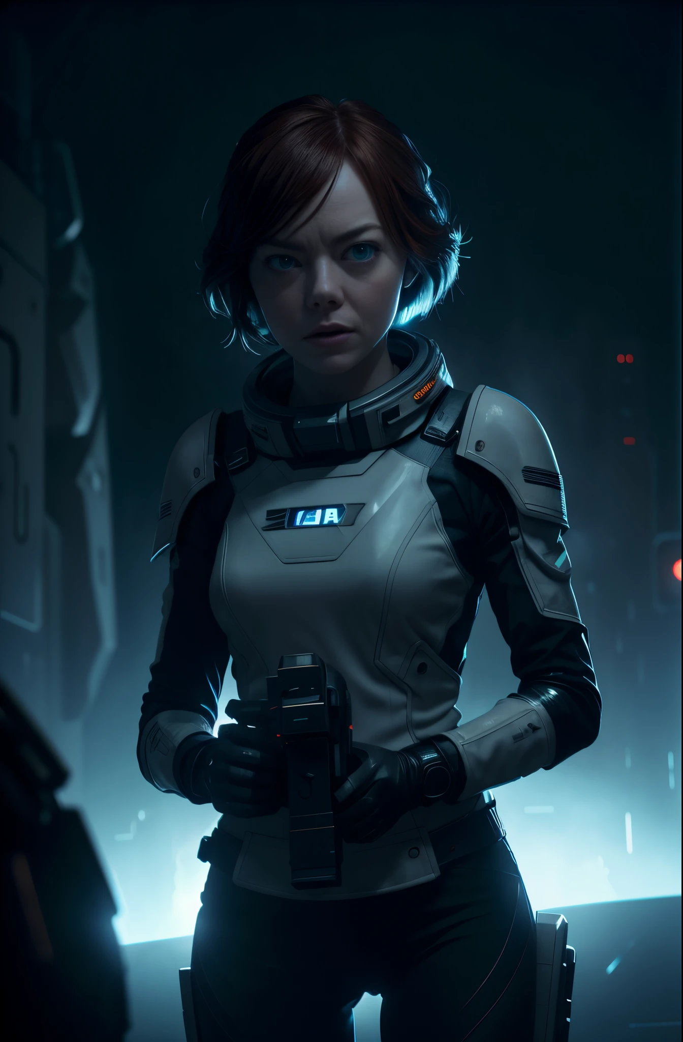 Hot thick terrified Sci fi Emma Stone holding a sci fi pistol on Ishimura Horror Space Ship photography, natural light, photorealism, cinematic rendering, ray tracing, the highest quality, the highest detail, Cinematic, Third-Person View, Blur Effect, Long Exposure, 8K, Ultra-HD, Natural Lighting, Moody Lighting, Cinematic Lighting