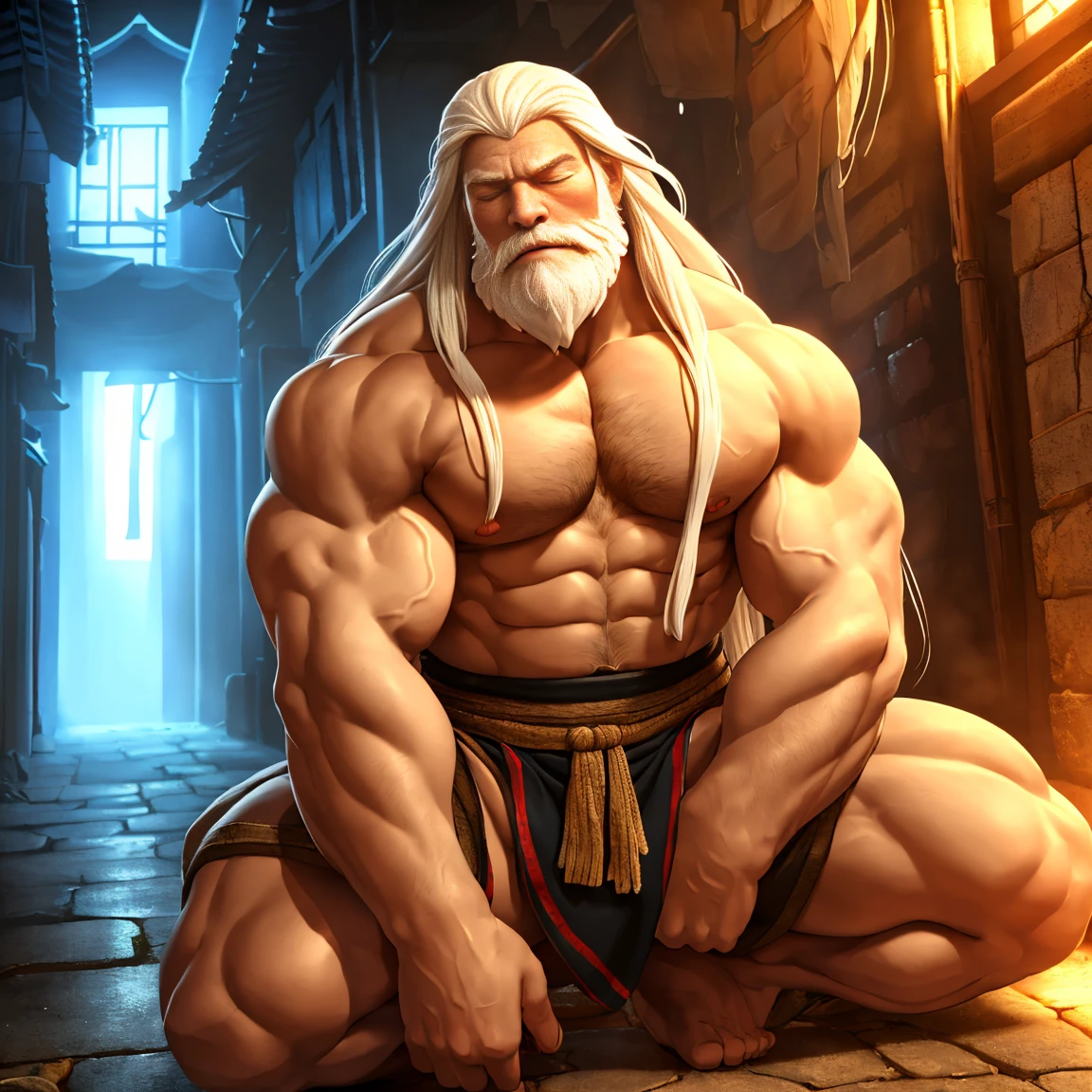 (best quality, high resolution, ultra-detailed, elderly muscular man wearing only a traditional Japanese loincloth, incense, sculpted figure, vibrant and awkward expression, blushing with closed eyes, squatting posture, completely soaked from head to toe, translucent clothing, no explicit or harmful content, full-body shot, masterpiece, mysterious atmosphere, in a deserted alley, long hair muscles, beard, white hair, muscular and well-developed chest, extremely awkward and unwilling, HDR effect, strong contrast, realistic description, enlarged details, professional colors, bright tones, soft lighting)