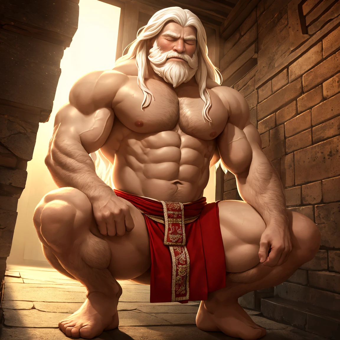 (best quality, high resolution, ultra-detailed, elderly muscular man wearing only a traditional Japanese loincloth, incense, sculpted figure, vibrant and awkward expression, blushing with closed eyes, squatting posture, completely soaked from head to toe, translucent clothing, no explicit or harmful content, full-body shot, masterpiece, mysterious atmosphere, in a deserted alley, long hair muscles, beard, white hair, muscular and well-developed chest, extremely awkward and unwilling, HDR effect, strong contrast, realistic description, enlarged details, professional colors, bright tones, soft lighting)