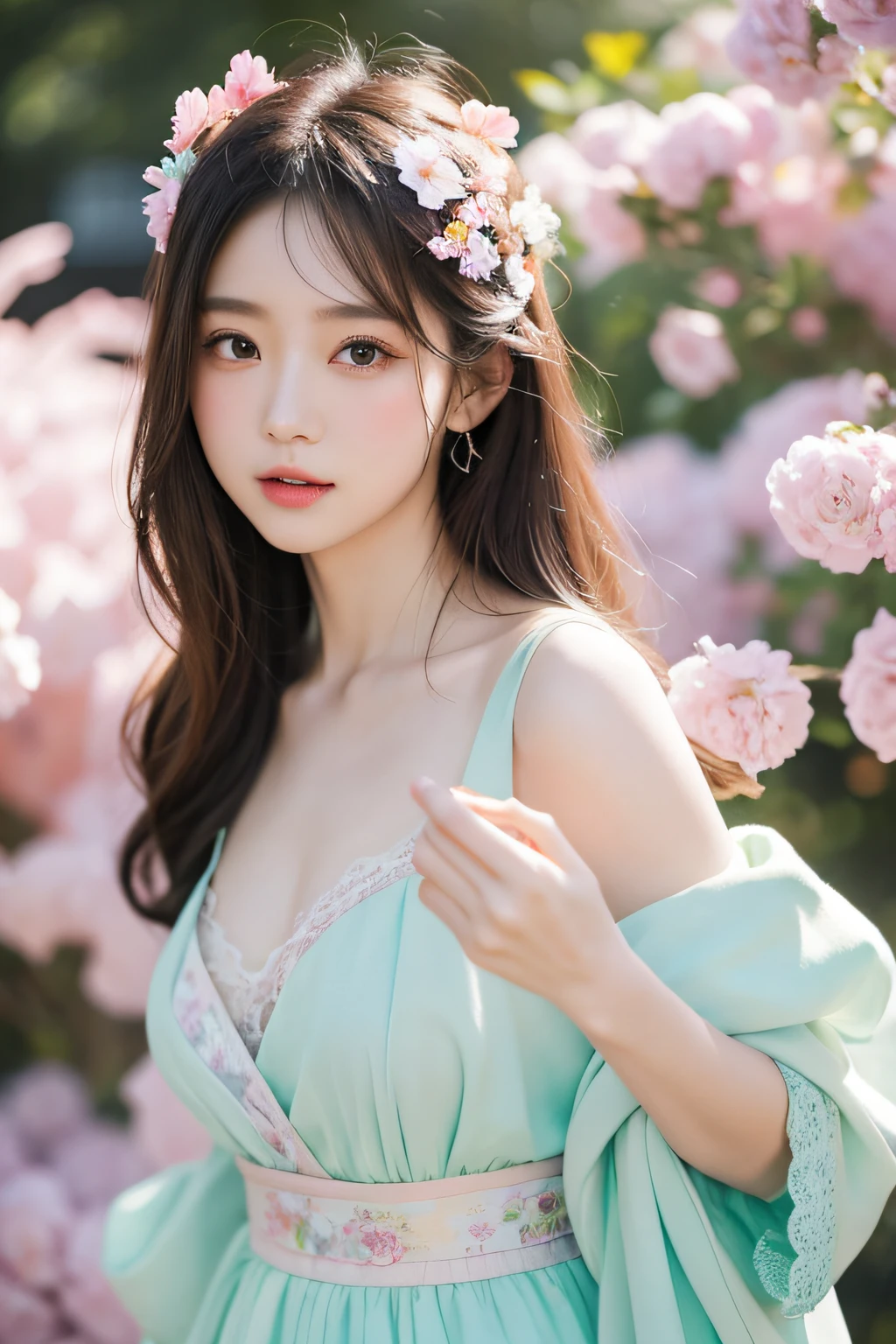dried flower、Japan Beautiful Girls。Produces high-quality female images with an innovative artistic atmosphere that stands out in pastel colors。She has her own fashion style、Dressed in glamorous and soft pastel costumes。Against the background of a fantastic and fantastical landscape.、Pastel lights and abstract elements are interwoven。her pose is sophisticated.、Gives a sense of natural movement and dynamism。Light and shadow effects are presented attractively、The finely drawn faces and expressions are full of emotion、Full of charm...。The overall atmosphere is modern and innovative., yet、It has a unique artistic touch.。This high quality image、Pastel colors look beautiful、Evokes visual stimuli and aesthetic sensations、It interests the viewer、You will be amazed。Create pieces that incorporate the vibrancy and artistic elements of pastel colors。
