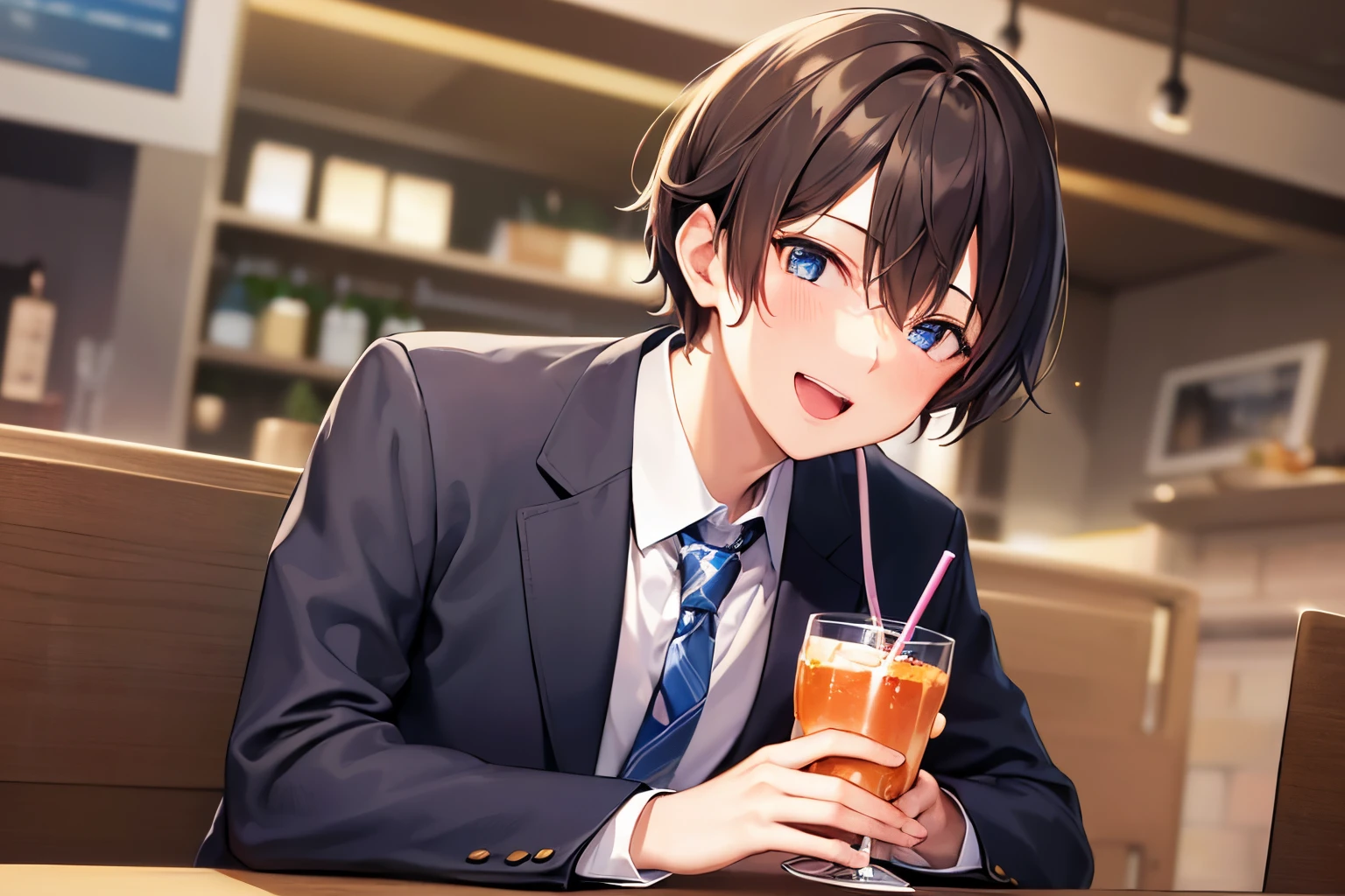 dutch angle, shoot from below, masterpiece、hightquality、25 year old man with short brown hair and blue eyes、Wearing a gray suit、Wearing a blue tie、(Alone:1.5)、(Smiling expression:1.1)、open mouth, (Close-up of your face:1.3)、(Only the upper body is shown.:1.3)、holding a drink in hand、The background is a restaurant、Bold composition、
