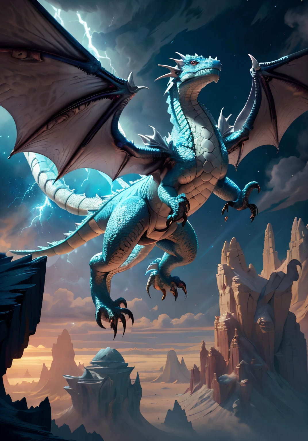 a close up of a dragon flying through the air with lightning flying over a desert, frost dragon, A dragon made of clouds, storm dragon, art of dragon, giant ethereal creature, Godrays Pintura Digital, crystal dragon, Jormungandr, MTG Arte, d&d commision art dragon, Mawshot Dragon Art, ultraterrestrial dragons