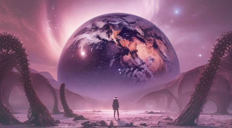 Fantastic landscapes of exotic planets, pink and purple light、fumo、Many stars are scattered、((An octopus-like monster looks at the distant Earth through a telescope))