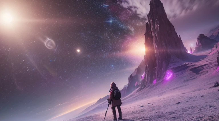 Fantastic landscapes of exotic planets, pink and purple light、fumo、Many stars are scattered、((An octopus-like monster looks at the distant Earth through a telescope))