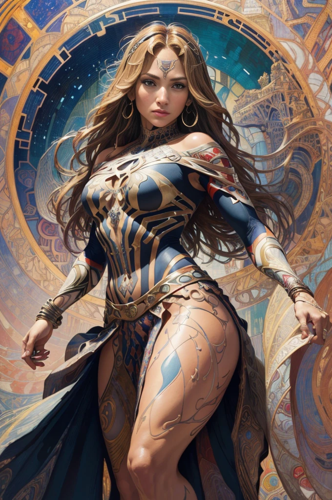 jennifer lopez、Sticking out the navel、newyork、She wears a torn Spider-Man suit,wearing skirt、abstract photorealistic、artistic、Alphonse Mucha's painting(masterpiece、top-quality、hight resolution:1.4)、detaileds、intricate-detail、4K、color splashes、line-drawing、Fibonacci、