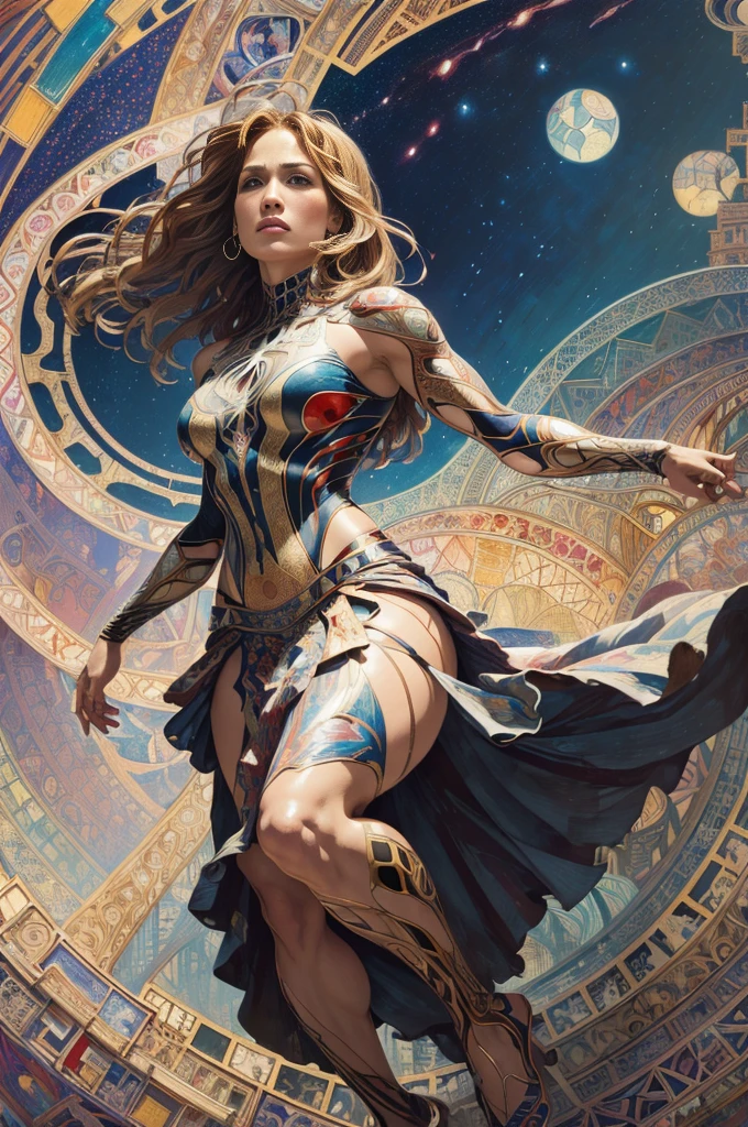 Jennifer Lawrence、Sticking out the navel、newyork、She wears a torn Spider-Man suit,wearing skirt、abstract photorealistic、artistic、Alphonse Mucha's painting(​masterpiece、top-quality、hight resolution:1.4)、detaileds、intricate-detail、4K、color splashes、line-drawing、Fibonacci、