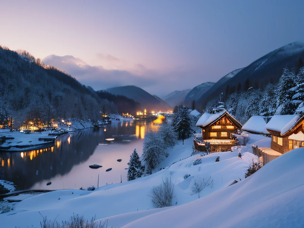 Fairy Tale Village，village view，Lots of snow on the ground, magical village, well-lit building, Snowy winter, natta, blanketed in a mantle of snow, quaint village, snowy night, winter setting, Suffocating, very magical and dreamy, Shirakawa-go, jpn, It will snow in winter,natural, Cold but beautiful, (Yuki)