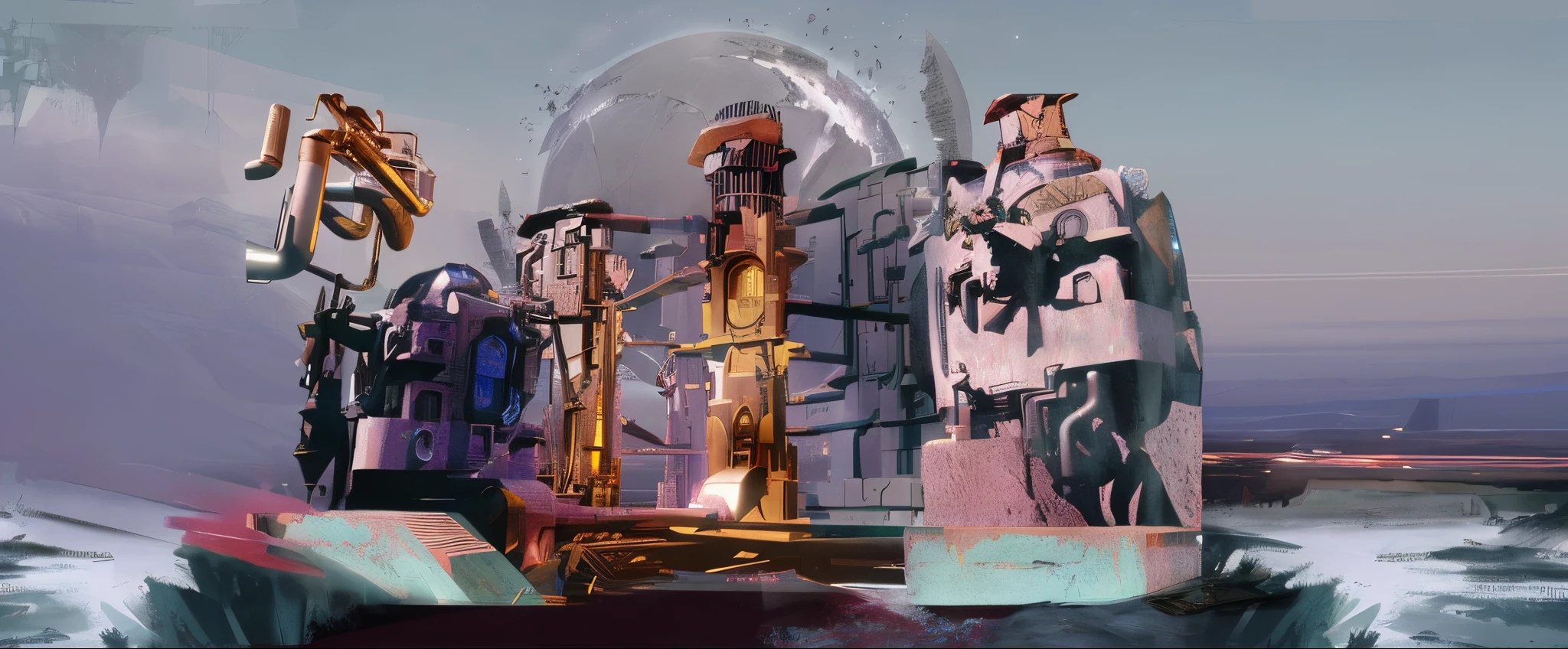 There a photo of a large sculpture of a man on a boat, surreal sci fi set design, Destroyed alien building, Concept art of the Tau Queen, hard edges concept art, robot city ruins, Future buildings in ruins, Dyson Ball Project Pink Planet, A moody mining planet, interplanetary cathedral, brutalist base scifi, smelting pit'beeple