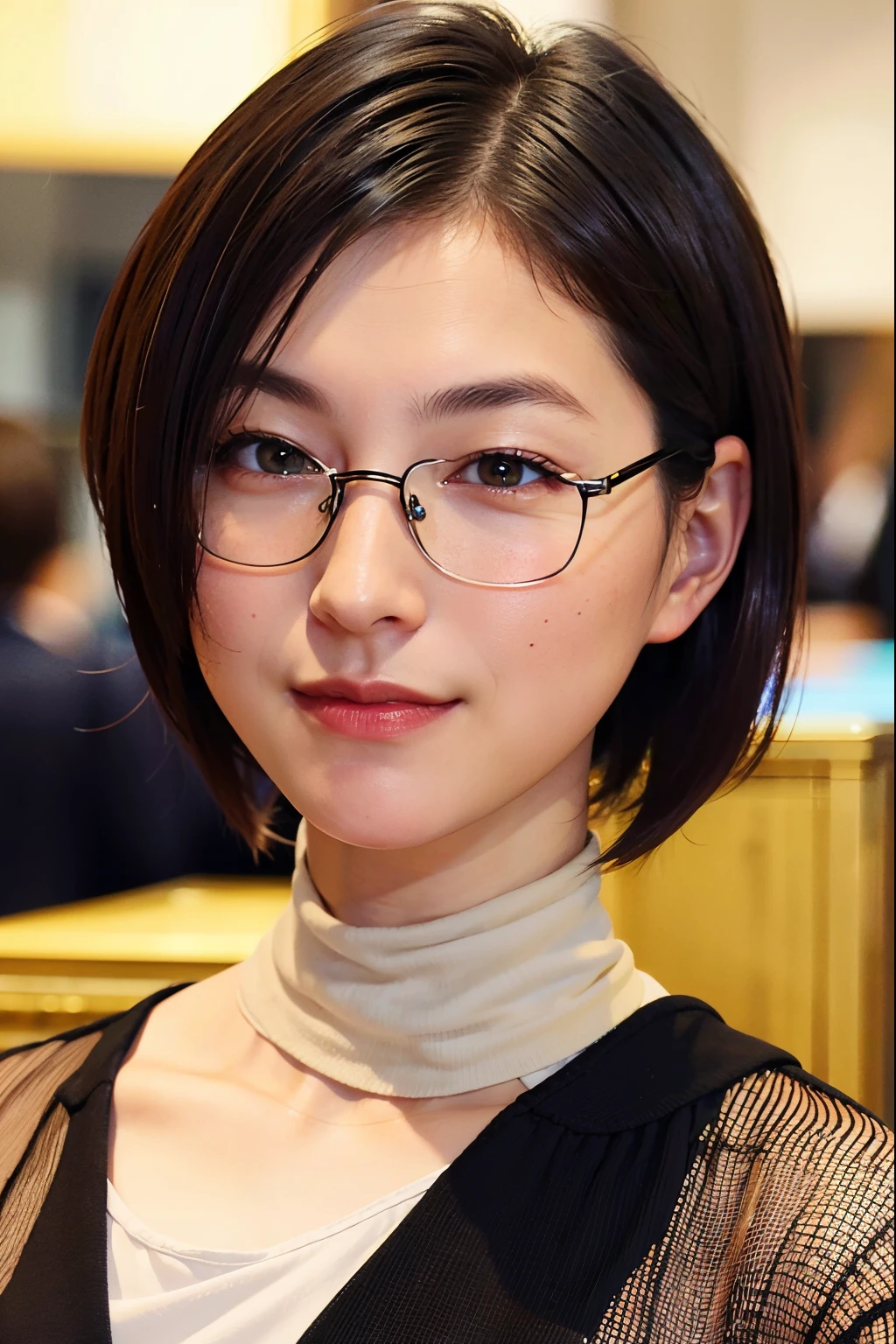 I want to create a dark-haired, skinny girl, short hair, short bangs and slanted medium eyes, the eye color that is dark brown, medium small nose and heart-shaped lips a little pompous, two moles under the lip on the left side and a single mole near the chin, round face, at the beginning of the eye I would like them to add a small skin like Asian eyes and double eyelid, with glasses, between the cheek and the eye that has a mole on the left side of the face