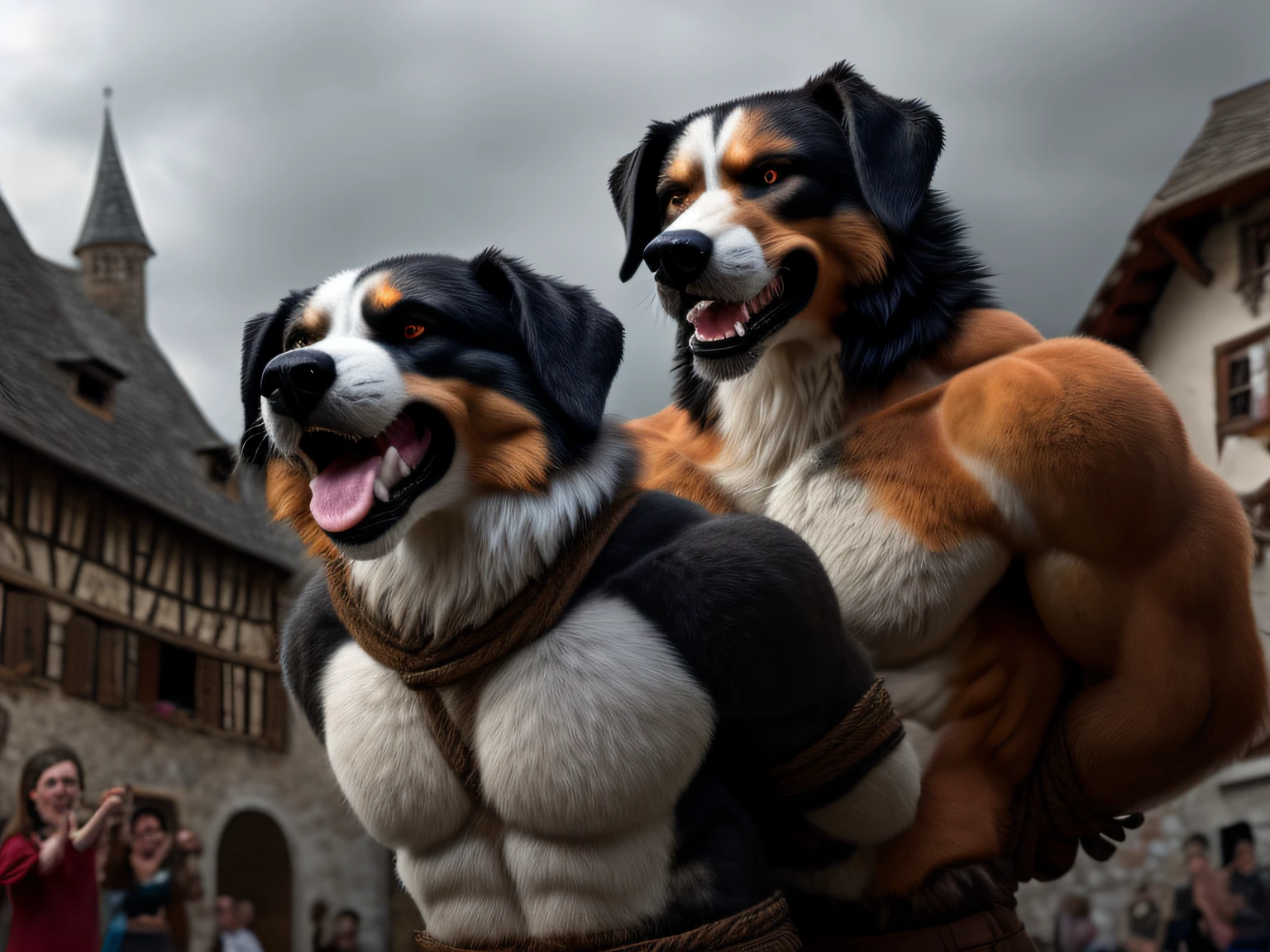 Realstic,photoreallistic,tranchant,(Best quality,Masterpiece:1.4), Anthro blindé(chien de montagne suisse:1.2),(muscular body:1.5),gros pectoraux,(Resistant with colère à la capture:1.5),(bras force derrière le dos:1.9),(captured by the humans),Applause from the group anthro en arrière-plan,temps,peril,Medieval village,nuageux,soirée très détaillée, realistic fur, detailed fur,detailled eyes,,Detailed teeth,realistic eyes,anatomiquement correct,