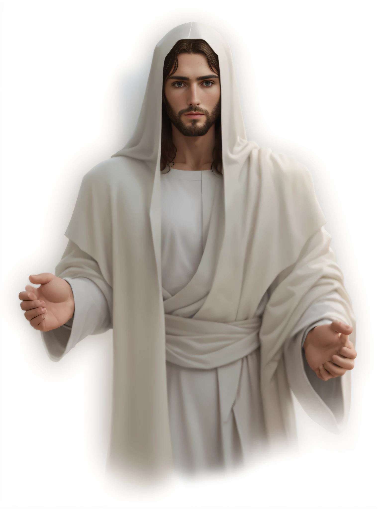 a photo of a man in a white robe with his hands outstretched, Jesus, Jesus Cristo, him greeting you warmly, rosto de Jesus, jesus of nazareth, Vestido como Jesus Cristo, on his right hand, Jesus Gigachade, Jesus Cristo em Mass Effect, Tron legado Jesus Cristo, biblical image, pontifex, Christian art, Holy