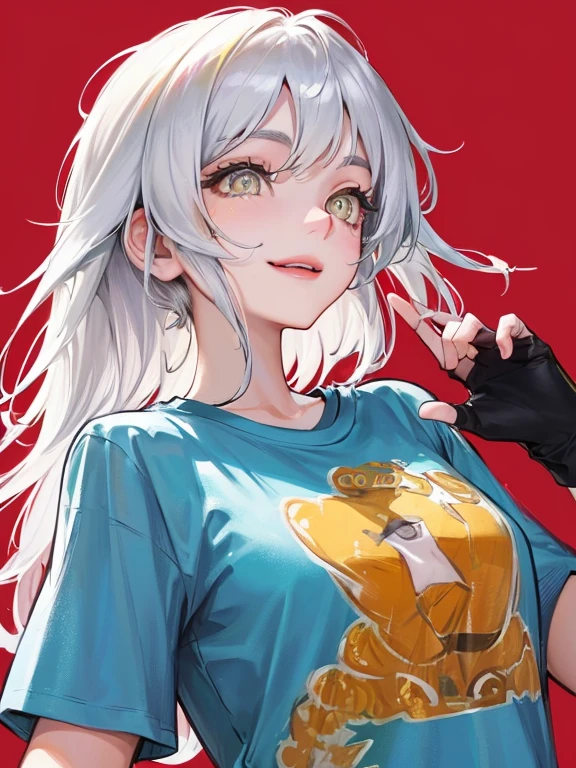 (((1人の女性)))、(Top resolution、Distinct_image) best qualtiy、(((Pop)))、1990's、((colorful backdrop))、((illuminating))、ighly detailed、Semi-realistic、Silvery hair、((hairstyle I made、A smile、bangss、20yr old、年轻、((tshirts))、delicate facial features facial features、View from below、((Detailed amber eyes))