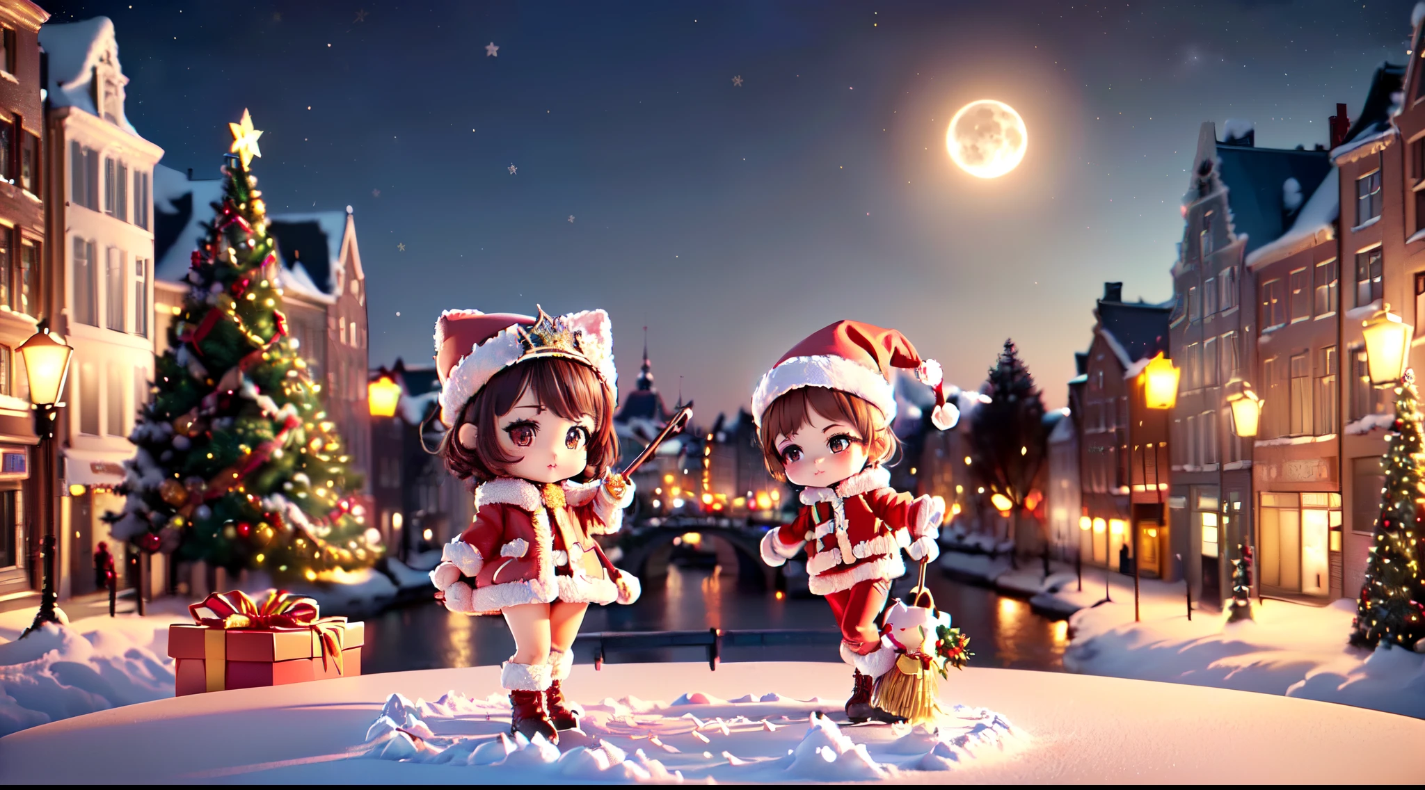(Ultra-detailed eyes), (((Textile shading))), (((Best quality at best))), (((On a table))), (((super-detailed CG))), (Colorful glowing lanternrilliant colors dance in the night sky、Cute little animals)),((large full moon)),((shiny colorful star hair,((Brown hair)),((braided shorthair cat)),minor red tide,((Brown eyes icon in santa costume style)),((Santa hat with tiara)),(Magic wand with gem tip),(To this'The snow a little light),((Christmas tree and lights)),Happy smile,Shang Ming,((Fly through the sky on a magic broomstick)),((looking from above)),(It looks plain),((Wearing a luxurious cloak)), (((magical girl))), (small), (Small under breastlonde hair, ((Short hair details, Short hair details, ornate hair)), a pink eyes, (((Christmas dresses, Red and white faux fur-trimmed Cardroy jacket, Millennium bug, scallop skirt))), ((Pose up)), (((GameCG)) (gorgeous one, stylishly, it girls accessories, Sparkling sky, amsterdam light festival, Christmas atmosphere, light christmas, Christmas tree, Amsterdam Light Festival full of atmosphere, cow boy shooting, 中景 the scene , centered image, Keep your eyes on the camera, natta,Full body lesbian, Chibi
