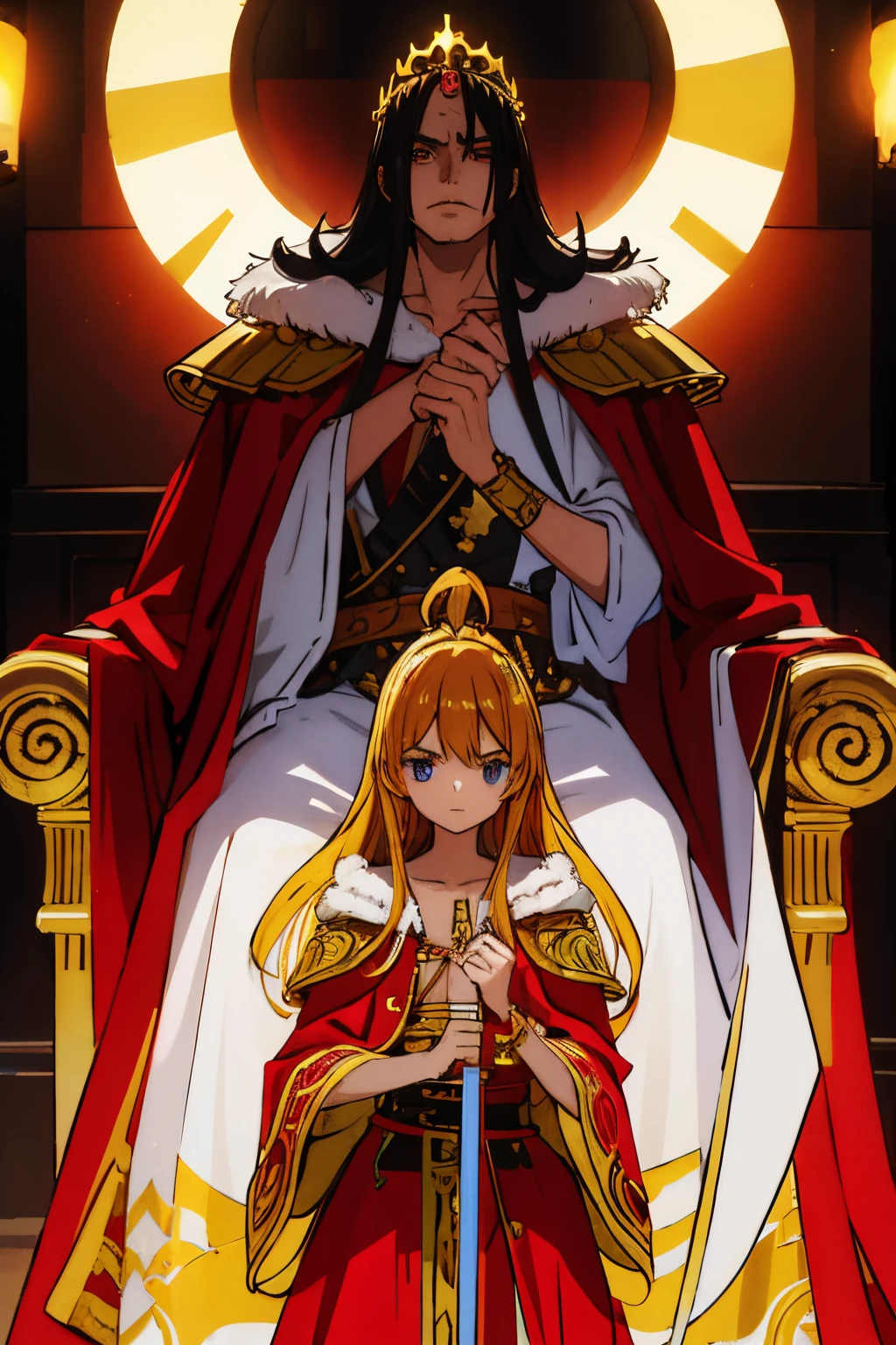 [skin young man:1.2, Long straight hair:1.2, Golden crown，Dragon scale armor，The golden faucet on the left，Right shoulder red cloak, The nose  high，Golden eyes，The expression  resolute;1.3，inside in room，In front of the golden throne；1.4，left hand array。The right hand holds a long sword， VSCO filter: C8)