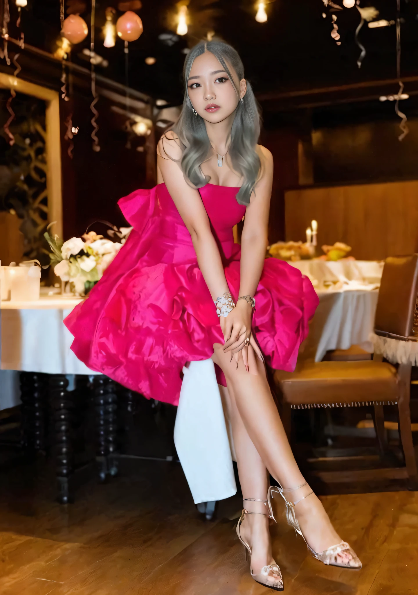 Araffe woman in a pink dress sitting on a chair, Dress in pink., Wearing a pink dress..., bright pink ball gown, Amy Rose red dress, In a red dress..., Wear a pink ballroom outfit..., jisoo of blackpink, jisoo from blackpink, pink dress, in an elegant style, sha xi, Wear a beautiful dress..., ❤🔥🍄🌪