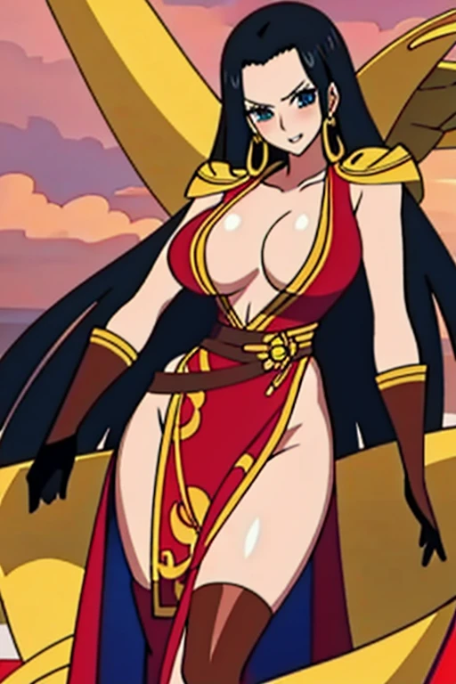 ((masterpiece, best quality, ultra-detailed)), boa hancock, 1girl, mature, solo, statuesque, long black hair, (wide hips, bronze skinned, amazoness, sunburnt) jewelry, tall, earrings, large breasts, long legs toned legs, shoes, blue eyes, full body, round thighs toned thighs. halterneck armored dress, thighhigh boots, elbow gloves, metal bands around arms