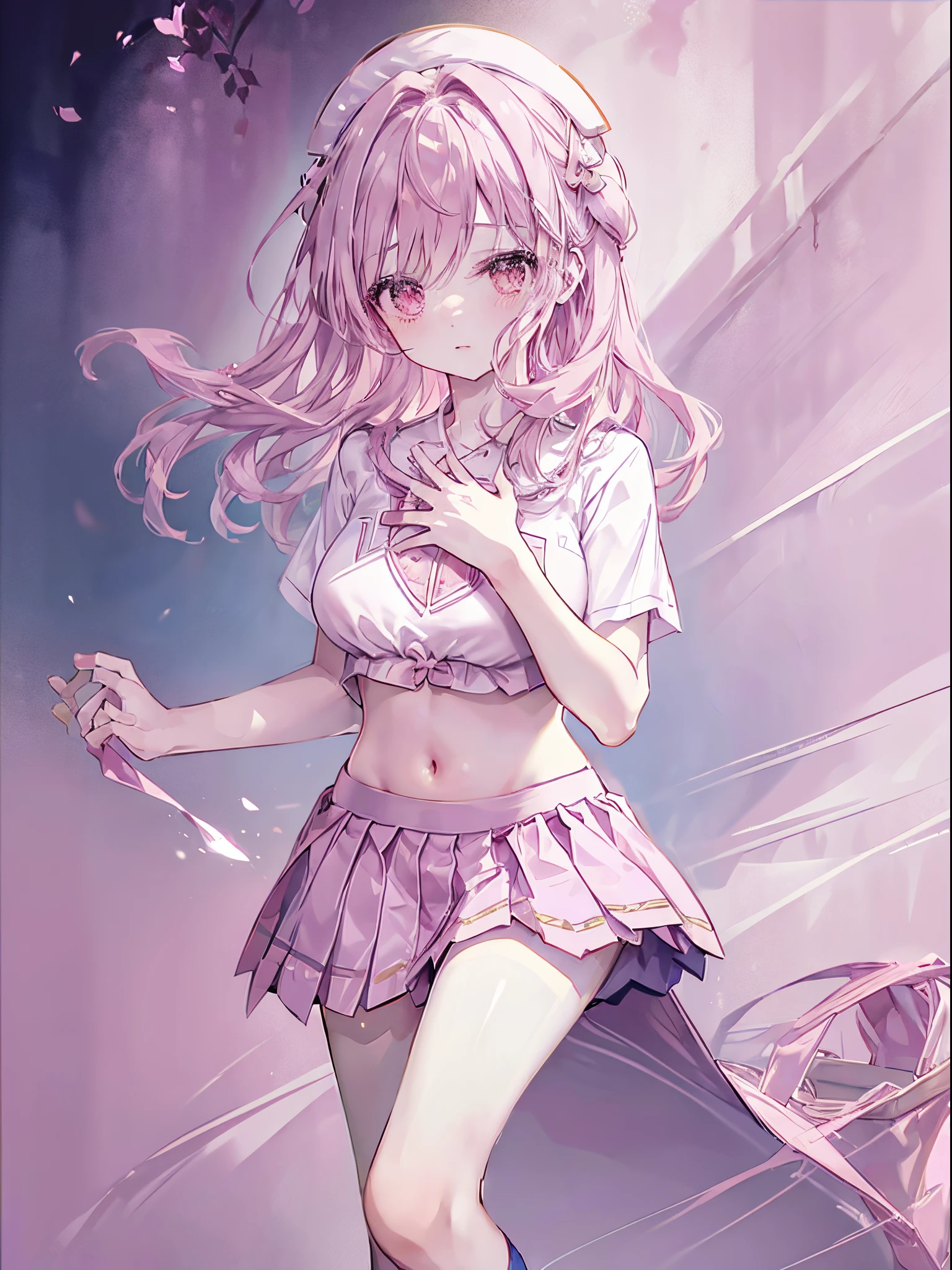 A young woman with long light pink straight hair down and some cute ribbon hair clips, pink eyes, big boobs, showing her panties with a short skirt and a school uniform.