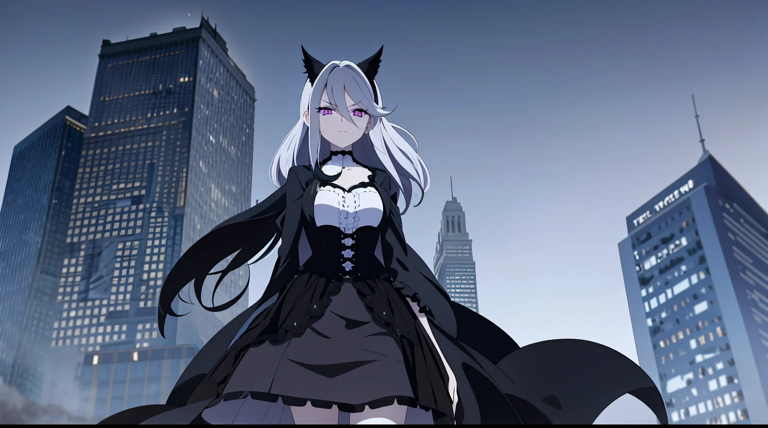 ((tmasterpiece:1.4, Best quality))+, (hyper-detailing)+, (Delicate purple eyes:1.5)+, (Detailed ears:1.5), (cute girls), (The shirt,White stockings long skirt:1.5), Tight white silk, Long hair details, long braid,no headwear,(Black flowers:1.2), pale-skinned, (Yellow cloth:1.5), (Black Martin boots:1.4), old castle,Surrounded by huge black trees, The whole city shrouded in thick fog,Mechanicalweapon, Slim pants ,Huge ruins,Giant black crystals are scattered throughout the city,Looking up at tall buildings from the street,Flying dust,(hunters:1.1), (dawn light:1.2), ), (closeup cleavage:1.1), the only person, bell, bright gray hair, hair covering one eye, V-shaped eyebrows, Gloom (Expressing the), from back, from below, Best quality, A high resolution, high detal, high high quality, 16k