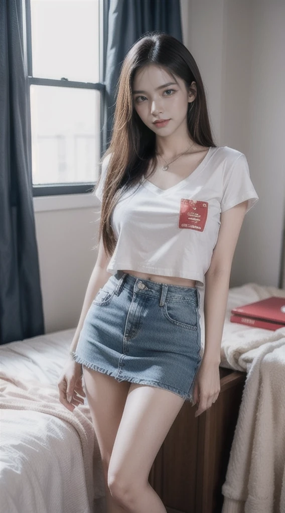 A Beautiful Girl, (((long-haired))), Sharp eyes, pretty smile, gorgeous face, slim, small waist, flat stomach, Small thighs, elongated legs, (((denim skirt, short skirt))), (((large boobs:1.3, from inside the shirt, Increased chest, Increased chest))), ((Short-sleeved T-shirt, close-fitting)), Sexy Gestures, Red high heels, stage backdrop, in front of many people