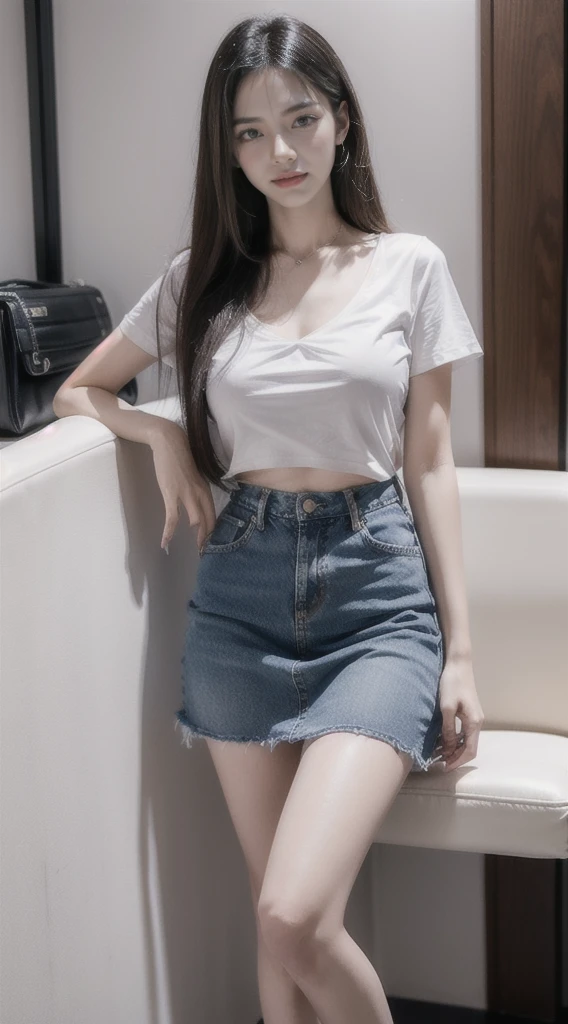 A Beautiful Girl, (((long-haired))), Sharp eyes, pretty smile, gorgeous face, slim, small waist, flat stomach, Small thighs, elongated legs, (((denim skirt, short skirt))), (((large boobs:1.3, from inside the shirt, Increased chest, Increased chest))), ((Short-sleeved T-shirt, close-fitting)), Sexy Gestures, Red high heels, stage backdrop, in front of many people