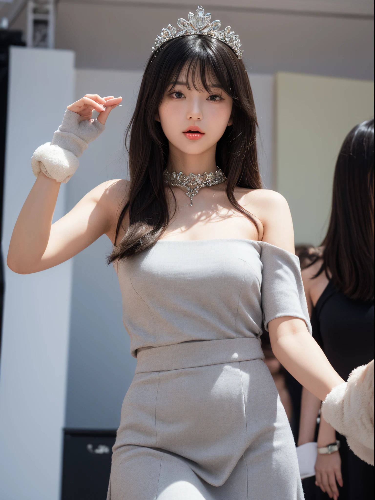 Sagazawa Fumika, 1 Sister, Alone, Wrist watch, Pendant watches, eBlue eyes, , mitts, tiara crown, a skirt, Long gray hair, Lop, looking at viewert, whitegloves, bshoulders, with her mouth open, , No shoulder strap, collars, face flushed, White dress, black hair color hair, Brown hair, hair between eye, off the shoulder dress, 鎖骨, ssmile, through bangs, Come on stage,