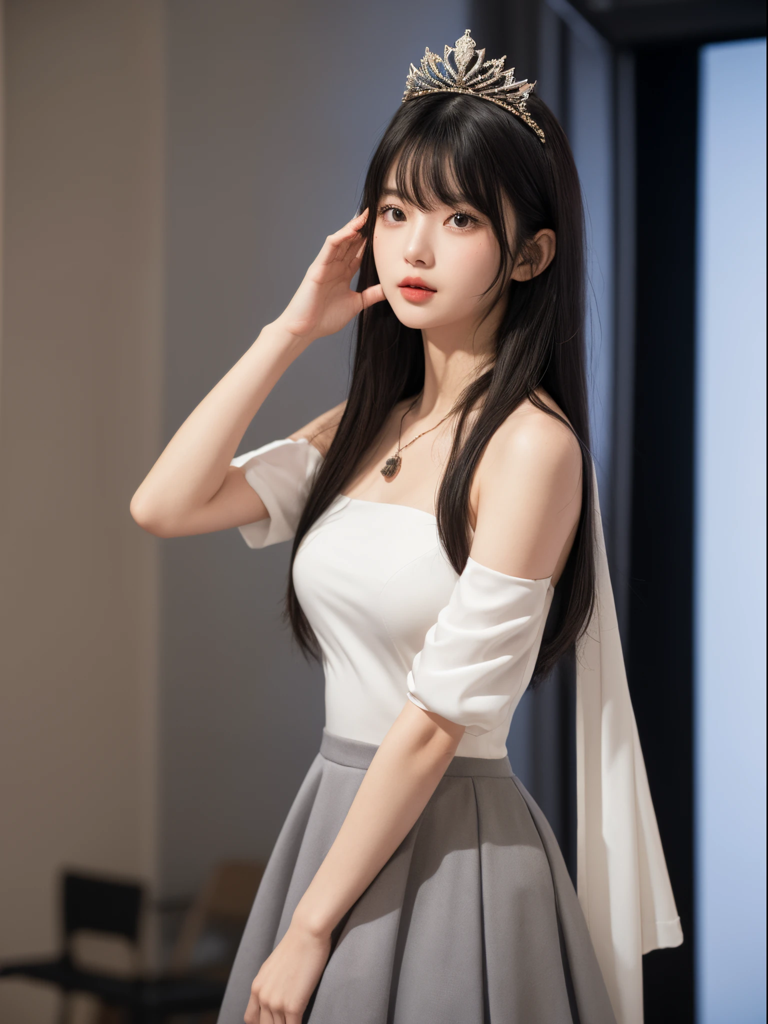 Sagazawa Fumika, 1 Sister, Alone, Wrist watch, Pendant watches, eBlue eyes, , mitts, tiara crown, a skirt, Long gray hair, Lop, looking at viewert, whitegloves, bshoulders, with her mouth open, , No shoulder strap, collars, face flushed, White dress, black hair color hair, Brown hair, hair between eye, off the shoulder dress, 鎖骨, ssmile, through bangs, Come on stage,