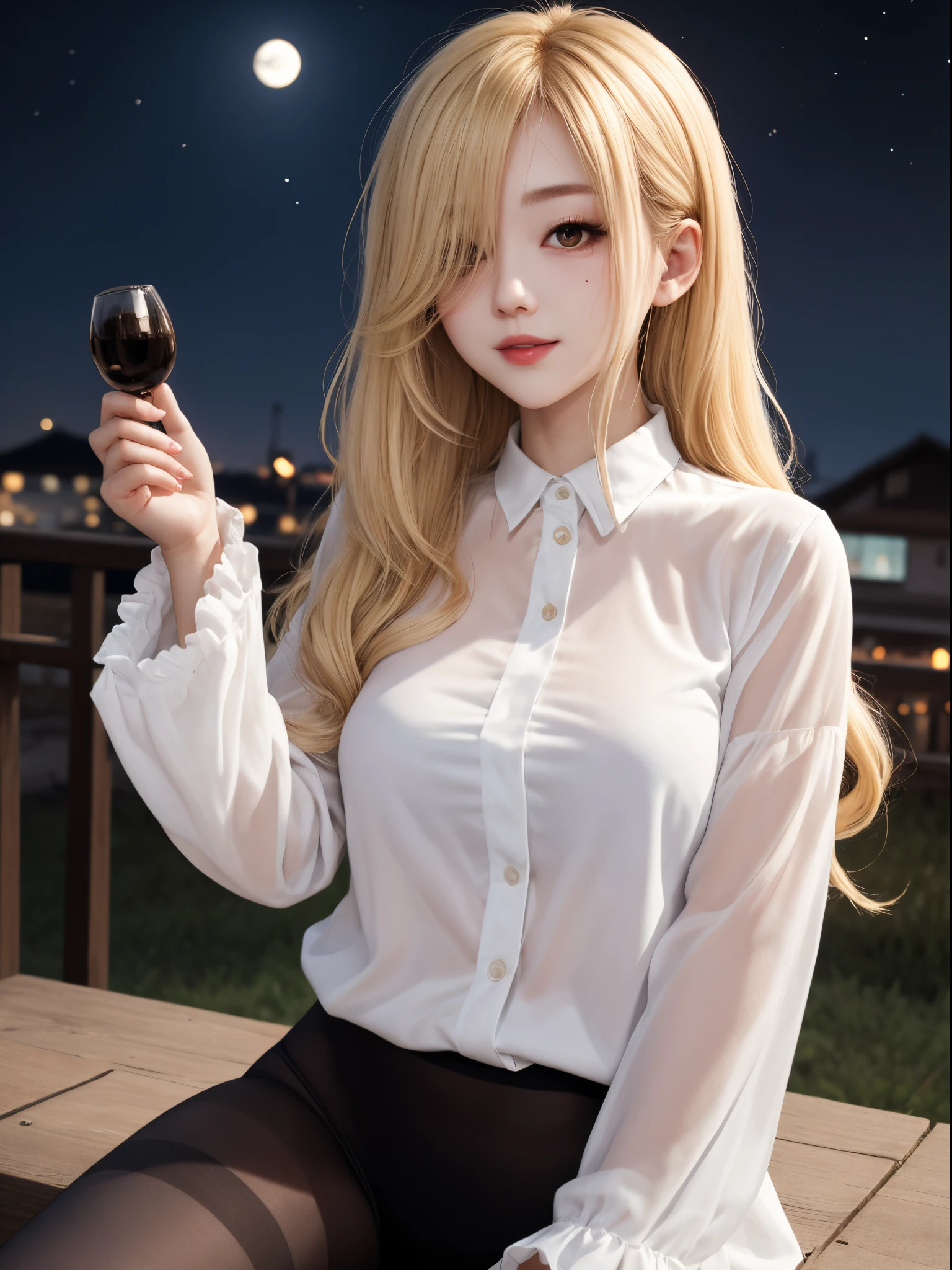 tmasterpiece, Best quality at best,  absurd res, looking at viewert, Alone, Rita Rothweather (summer night dream), Rita Rothweather, The shirt, lacepantyhose, red rose, red eyes, Blonde hair, longer sleeves, Moles under the eyes, hair covering one eye,  frilly shirt, white  shirt,  lusty  smile,  (ulzzang-6500:0.8), long whitr hair, daysies, Black pantyhose for outdoor activities