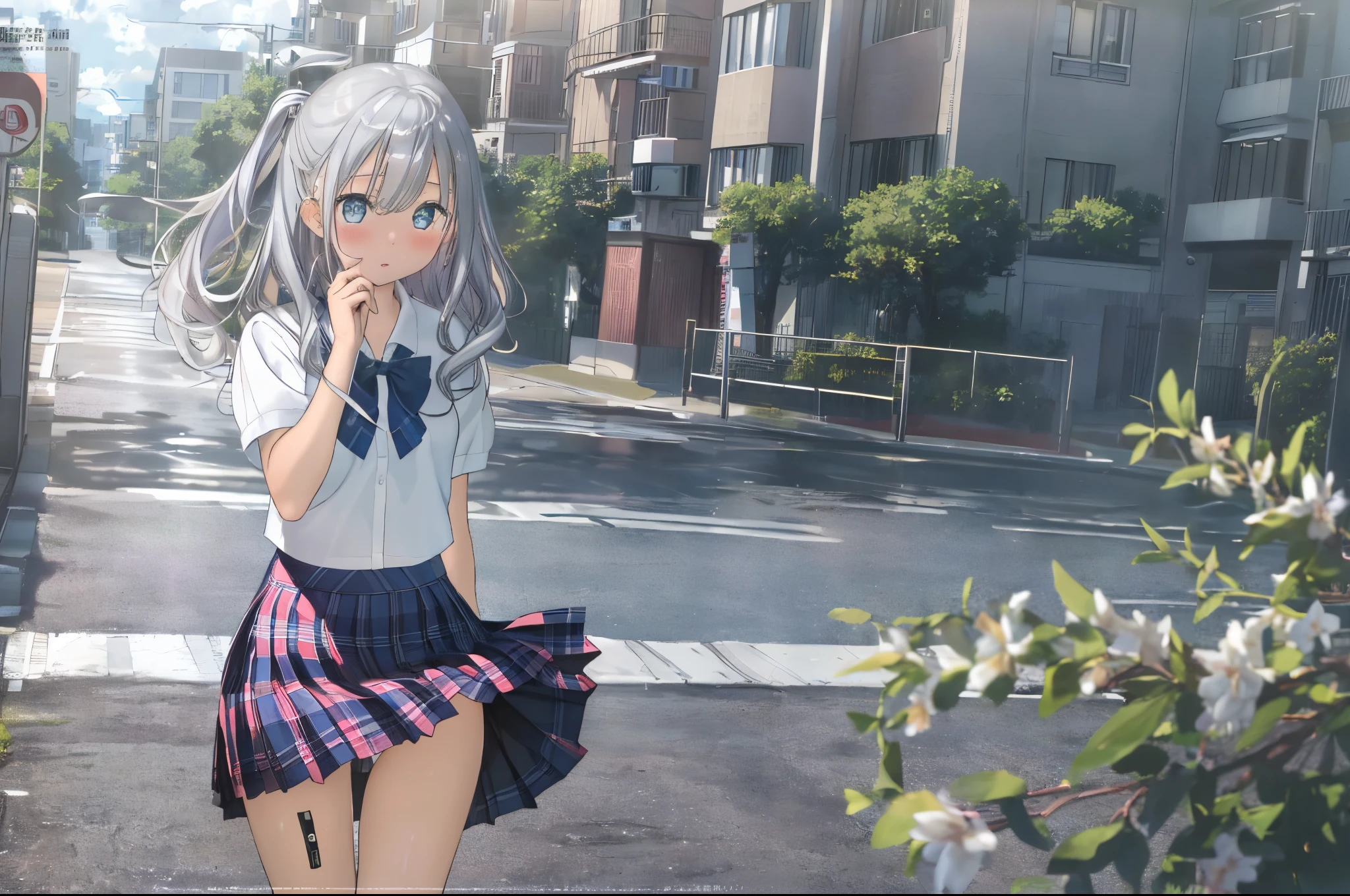 (8K、Raw photography、top-quality、​masterpiece:1.2)、Illustration Touch、ultra-detailliert、super A high resolution、high girl,silver hair、azure eyes、In the street、High school students、school uniform、plaid skirts、((Skirts that turn over in strong winds))、(white panties)