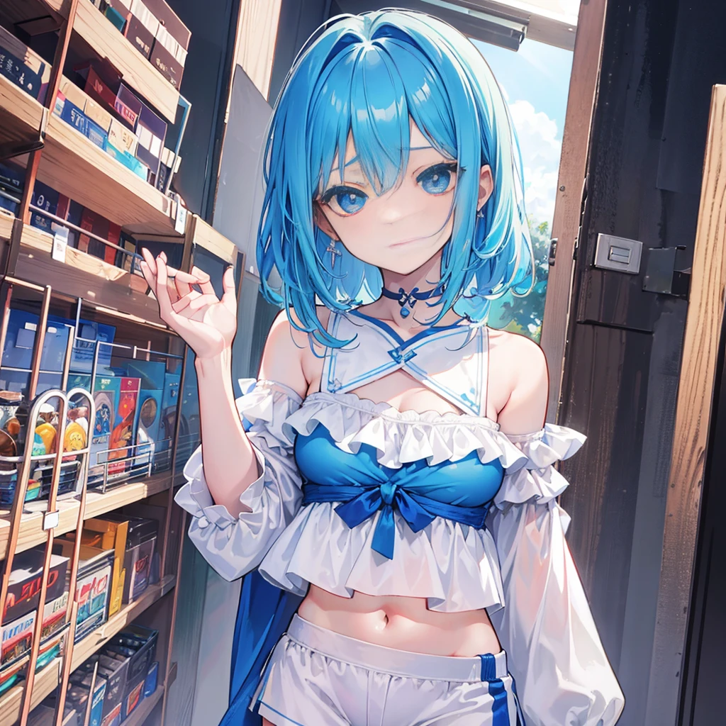 cabelo azul claro curto,Microvolumes,cavalinha dupla。olhos cor-de-rosa,Mangas curtas brancas off-the-shoulder,Saliente ,white sports shorts,a sad expression,Place one hand on your chest,Enorme teto