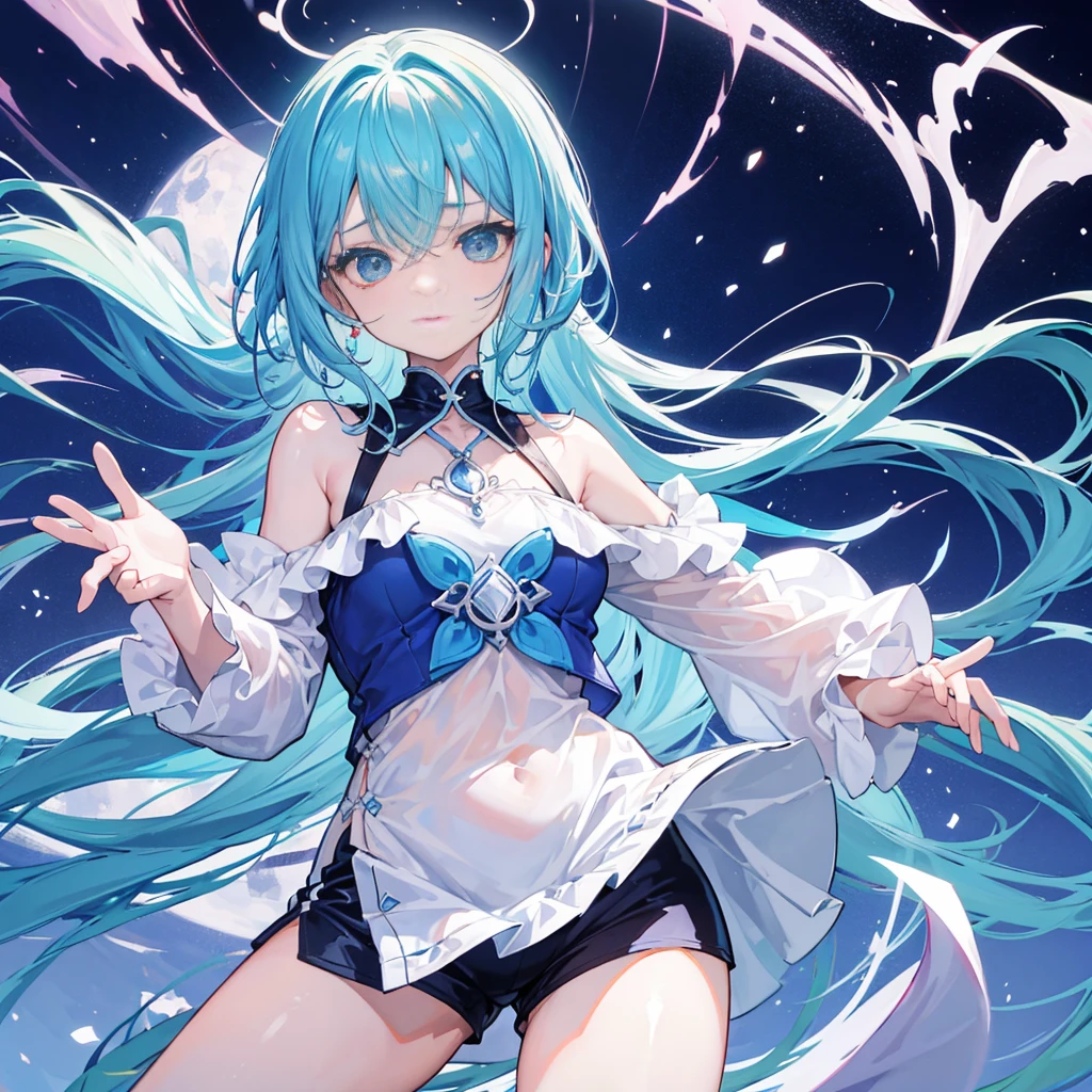 cabelo azul claro curto,Microvolumes,cavalinha dupla。olhos cor-de-rosa,Mangas curtas brancas off-the-shoulder,Saliente ,white sports shorts,a sad expression,Place one hand on your chest,Enorme teto
