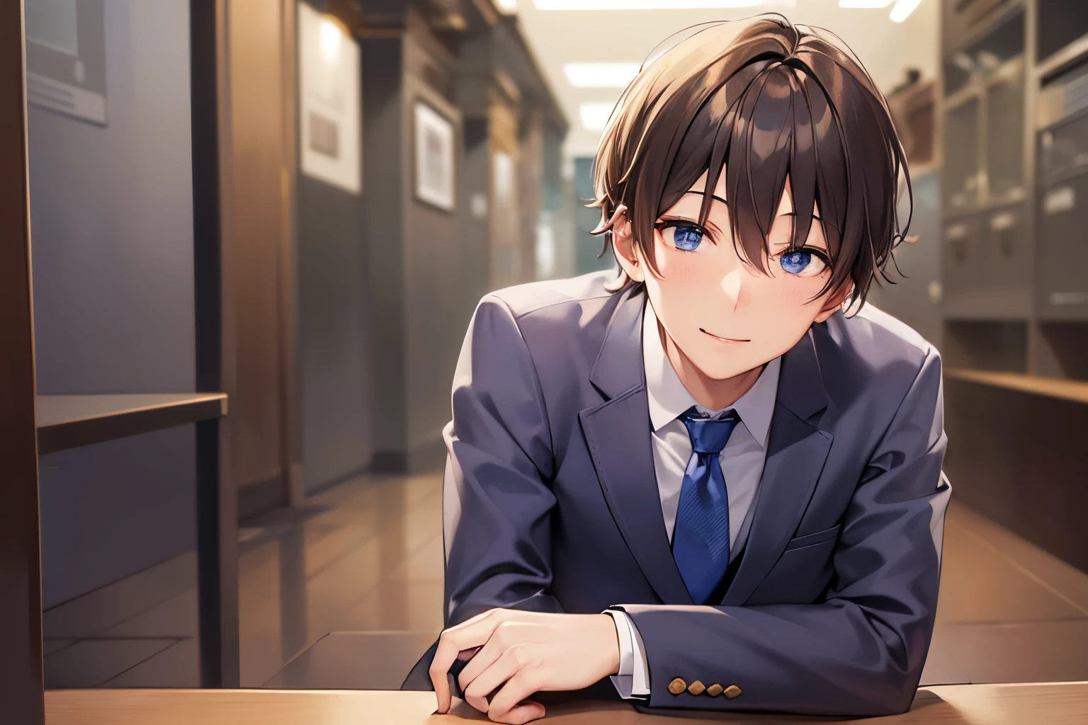 dutch angle, shoot from below, masterpiece、hightquality、25 year old man with short brown hair and blue eyes、Wearing a gray suit、Wearing a blue tie、(Alone:1.5)、(Smiling expression:1.1)、open mouth, (Close-up of your face:1.3)、(Only the upper body is shown.:1.3)、Holding a beer in hand、The background is a restaurant、Bold composition、