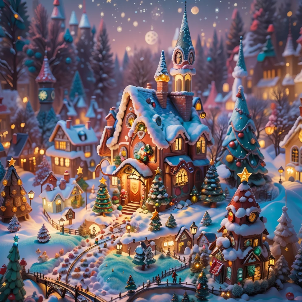 (tmasterpiece),(ultra - detailed:1.3),Best quality at best,(Sparkling:1.2),(Christmas village in dream fairy tale:1.4),(Van Gogh style Christmas architecture: 1.5),(The moon empty),((Delicious sweets,Christmas tree, gifts, Christmas stockings, cute gingerbread man,chocolate house splash)), Illustration style, Christmas decorations, Fantasy Christmas Town, Lovely design style, natta,snowfield,moon full,Vibrant colors、 ((Whimsical and charming Christmas fairy village fantasy)), Surreal portrait, (Fantasy themed fairy tale village), (whimsical architectural decorations), (Colorful, Landscape full of candy), (enchanting, Magical scenery), (A vibrant, candy colored building), (Candy and Gingerbread Trail), (Candy Castle) in distance, (Rich, fantasticcolors), (Twinkling starour dimensional dream), (Psychedelic and mesmerizing atmosphere), (Playful composition), (Vivid lighting effects), 1.4x realism,hyper HD,Shown in this beautiful scene,(Very meticulous,Reasonable design,Clear lines,High- sharpness,tmasterpiece,offcial art,movie light effect,8K)