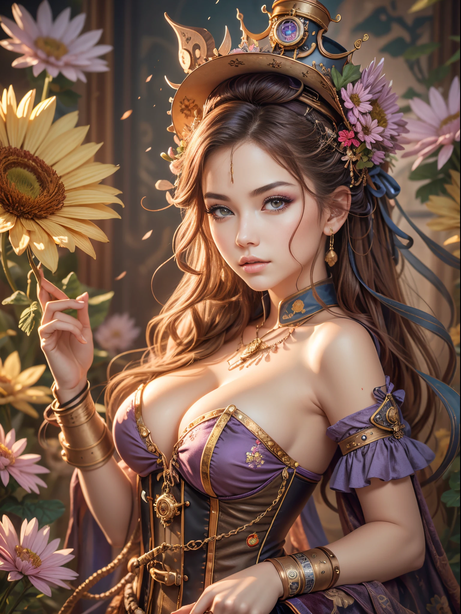 top-quality,Super masterpiece,Ultra-detailed high resolution,(Vivid:1.4),RAW Photos,,illustartion,1girl in,(solo exhibition:1.2),(cowboy lens:1.2),(Hair crown:1.2),traditional steampunk costume, intricate steampunk top hat,Strapless,(Red Eyeliner:1.2),(Black eyes:1.4),耳环,Dynamic Angle,Steampunk,Messy_long_hair,inky,Cinematic Light,Renrea,velvet,chrysanthemums,tassels,bow ribbon,Colorful embroidery,The upper part of the body,facing the lens,Dynamic Pose,Large,purple corset and stockings