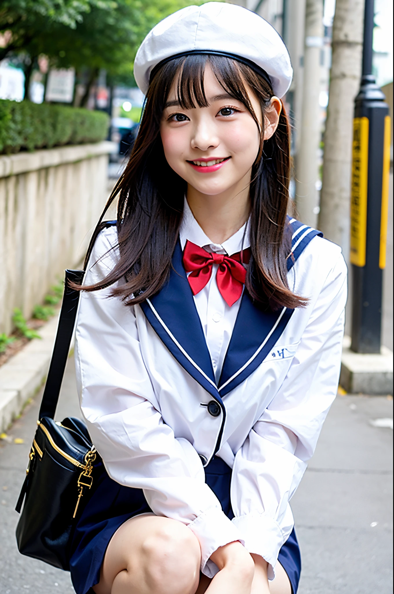 girls in town street,white beret,long-sleeved sailor dress with red bow tie,school bag,white leggings,18-year-old,bangs,a little smile,thighs,knees,short cut hair,poneytail,from below