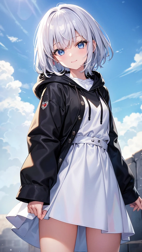 Ultra-high image quality,Look at viewers, hands behind back, girl with, 20 years old, Very short hair, long bangs between eyes, pale blue eyes, Hoodie, Skirt , Extremely detailed,(​masterpiece、top-quality)、report、White hair、A smile、White skin as clear as snow、Fantastical, Silver hair, Black eyes, Beautiful eyes,, Ecstasy, charmed, be smitten with audience, Hoodie, White hoodie,a black skirt,Hair is short,look down from above,(masutepiece, Best Quality:1.1),report, 1girll, Curve,White jacket, Casual style,Open jacket,  Cowboy Shot、report、Fluttering hair、a small face、hason、Bright smile、(parka、white sneaker fingers、Human hand)、(Detailed face) 、(top-quality: 1.4、tmasterpiece、 hyper HD、 Top resolution,、Very detailed、 profetional lighting、 Gray Light Lighting,fantastic landscape,Blue sky, Sunlight,look down from above,portraitures