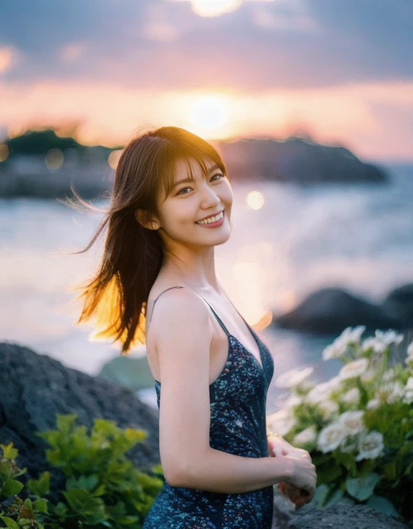 "just before the sun goes down、Draws a gravure idol in a swimsuit standing on a hill overlooking the dimly lit sea... she is smiling, let her hair blow in the wind. The orange light of the setting sun engulfs her, she feels calm and happy. slowly rippling sea, With the soothing sound of waves. Elegant flowers and plants bloom around the woman.., Harmony with the beauty of nature. This image 、Convey a sense of tranquility and happiness, It depicts a calm scene that brings peace and tranquility to the viewer.。.。..。."