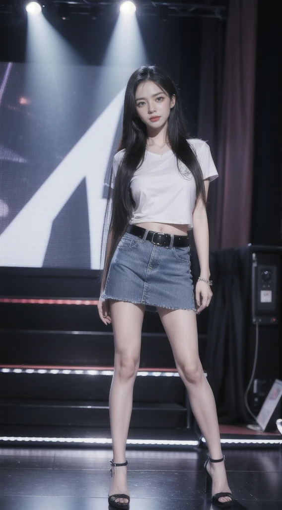 A Beautiful Girl, (((long-haired))), Sharp eyes, pretty smile, gorgeous face, slim, small waist, flat stomach, Small thighs, elongated legs, (((denim skirt, short skirt, belt))), (((large boobs:1.5, from inside the shirt, Increased chest, Increased chest))), ((Short-sleeved T-shirt, close-fitting)), Sexy Gestures, Red high heels, stage backdrop, in front of many people