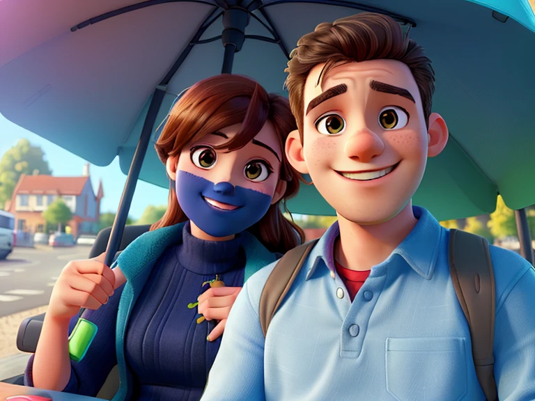Man and woman sitting, smiling, a young couple, in a bright place, behind a lamppost,
(best quality, 4k, 8k, highres, masterpiece:1.2), ultra-detailed, (realistic, photorealistic, photo-realistic:1.37),
illustration, vivid colors, portraits, natural lighting, warm tones.