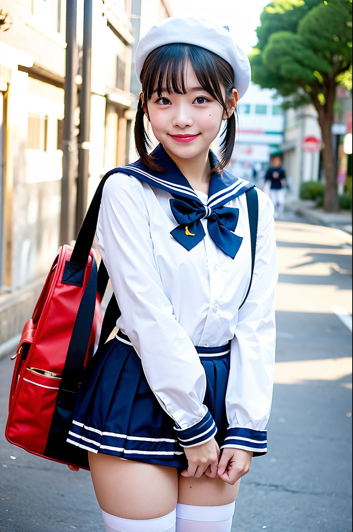 girl in town street,white beret,long-sleeved one-piece sailor dress with plearted skirt,school bag,18-year-old,bangs,a little smile,thighs,knees,short cut hair,poneytail,from below